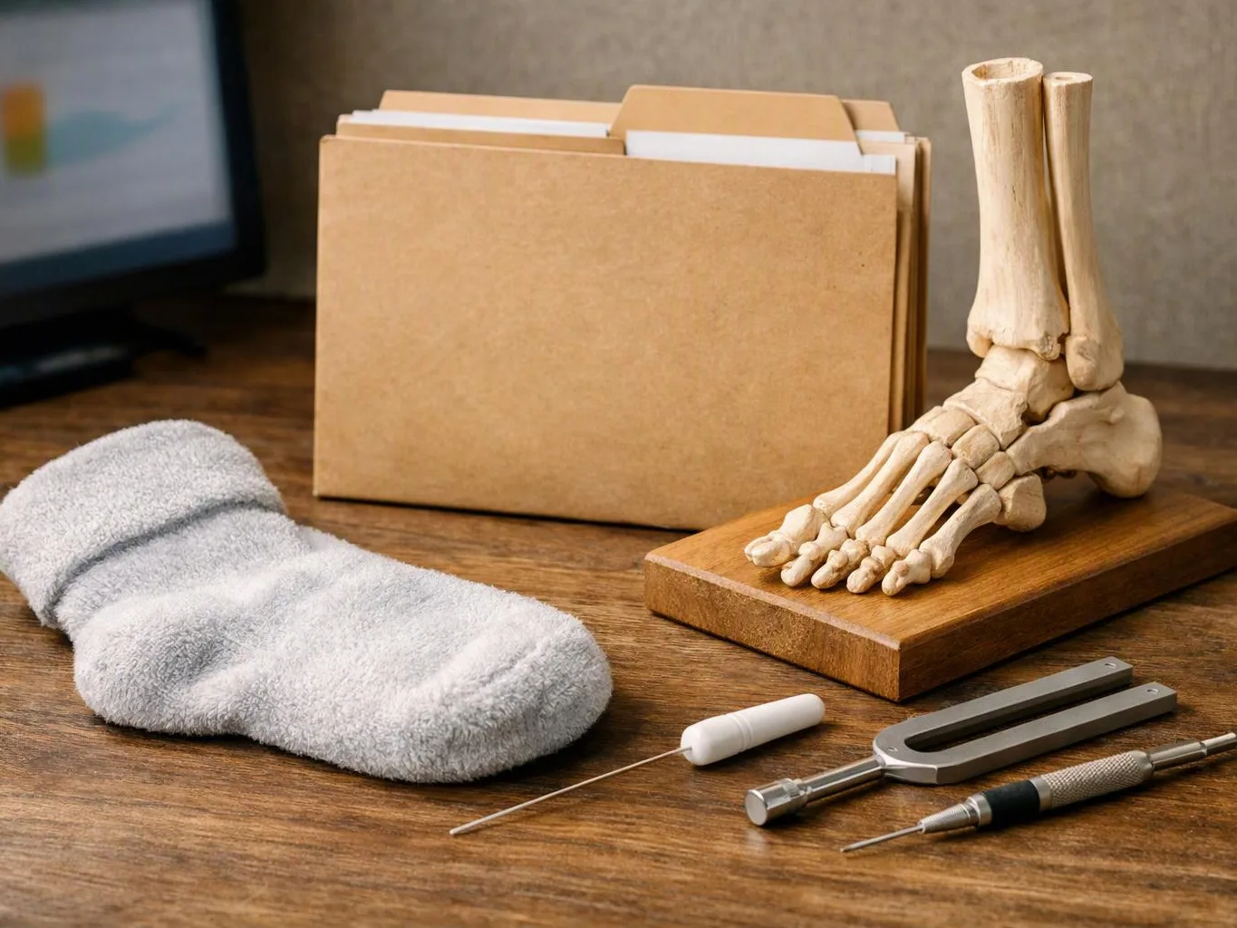 A foot skeleton model, towel, files, and medical tools sit on a wooden desk