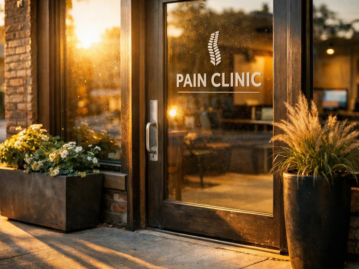 Glass clinic door with a “PAIN CLINIC” sign, flanked by potted plants in warm sunlight