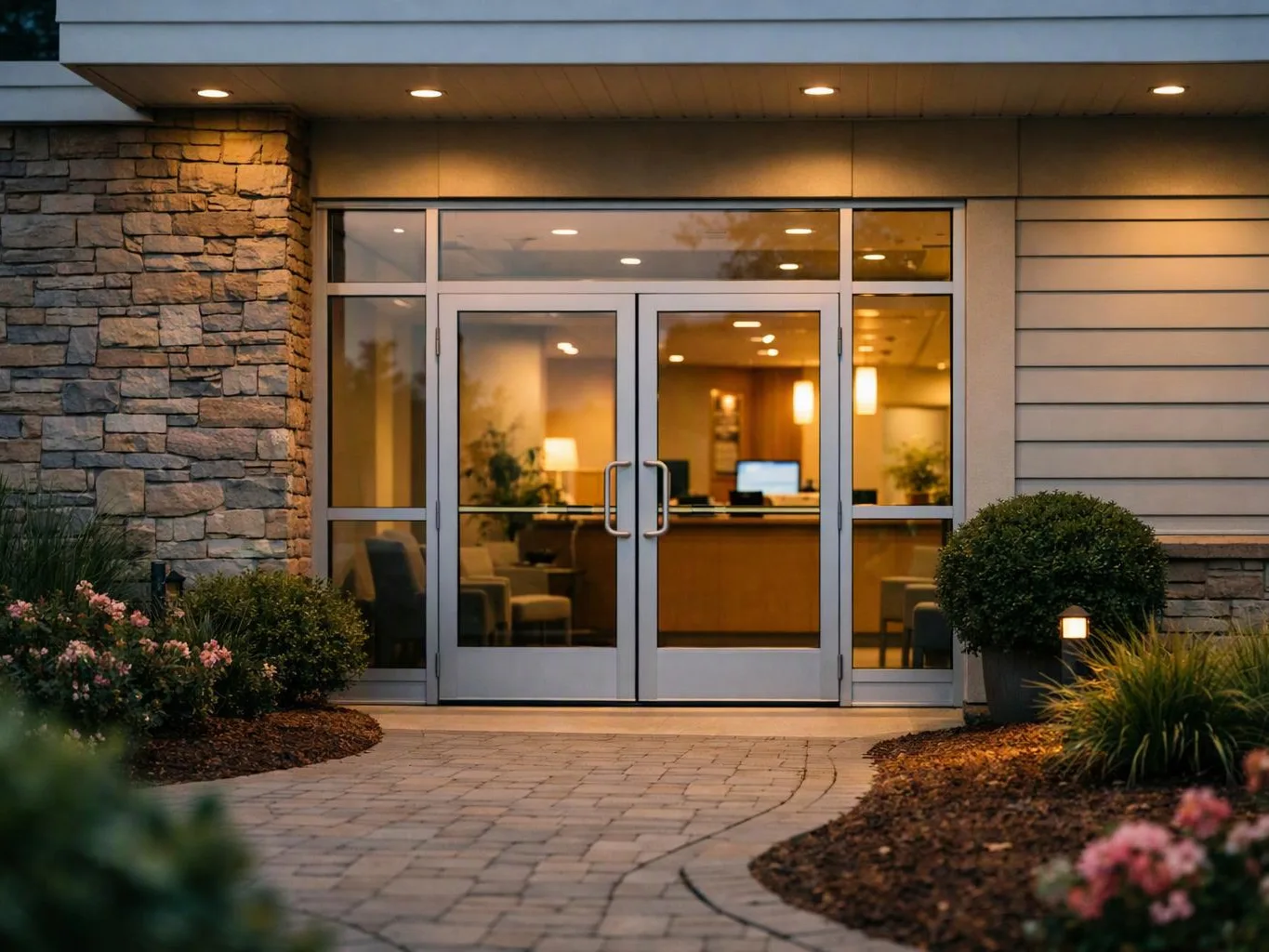 Glass double doors open to a warmly lit lobby beside a stone wall and landscaped walkway