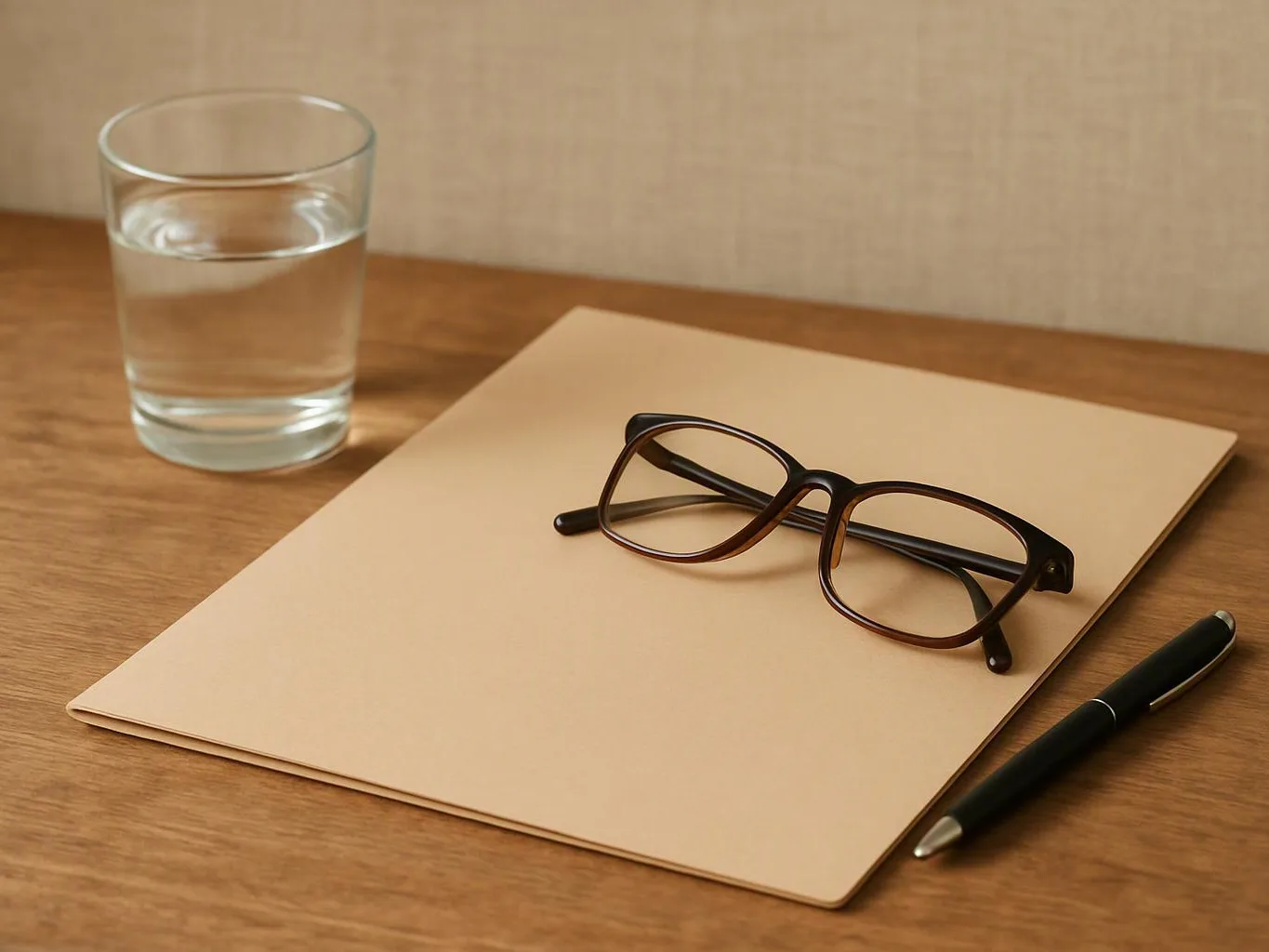 A glass of water, eyeglasses, a beige notebook, and a pen rest on a wooden desk