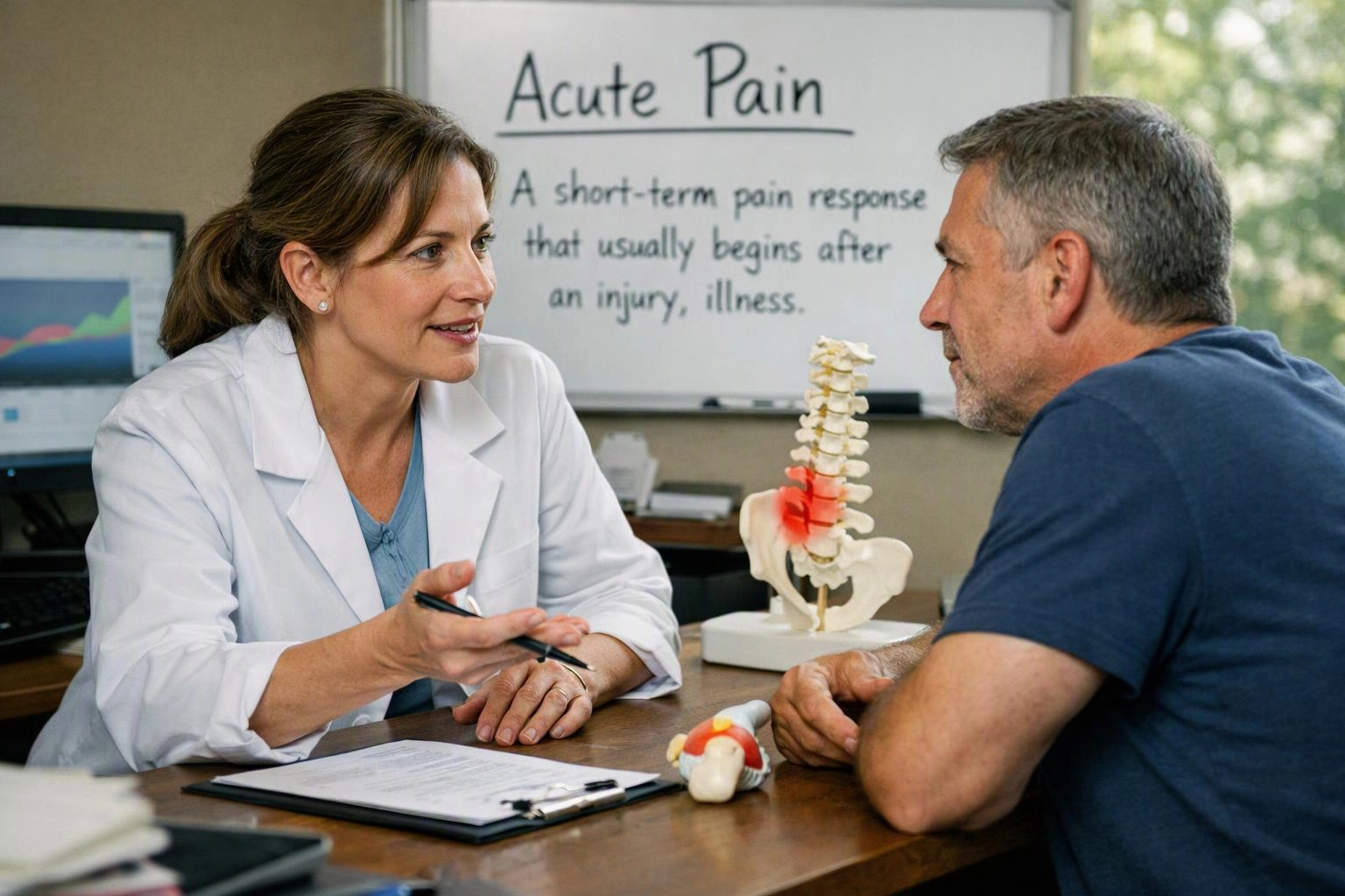 A doctor in a white coat talks with a man across a desk, with a spine model and pain chart behind them