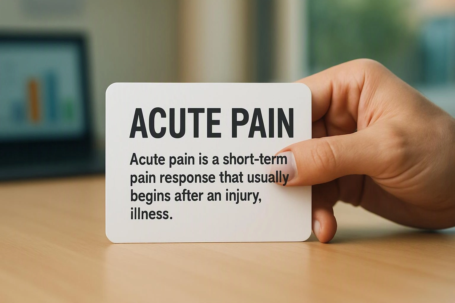 A hand holds a card reading “ACUTE PAIN” with a short definition on a desk indoors
