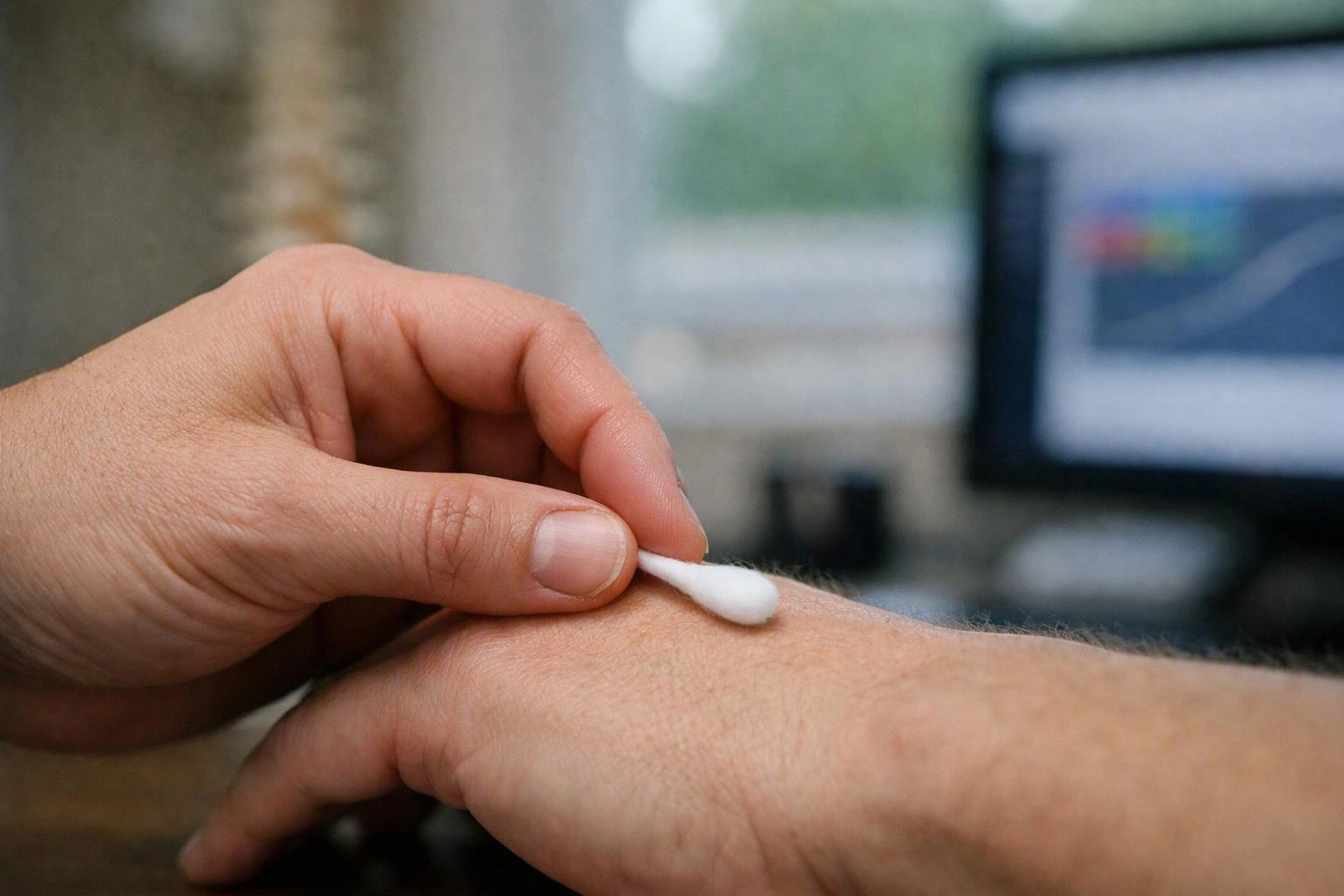 A hand presses a cotton swab onto another person’s wrist, with a blurred computer screen in the background