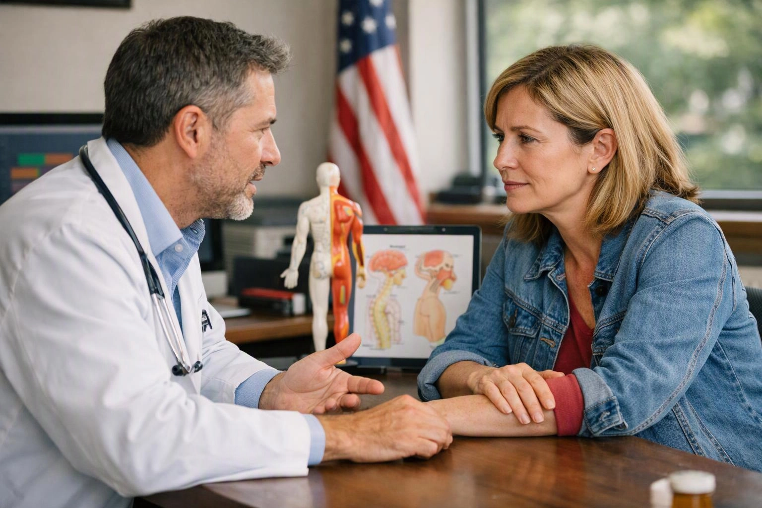 A doctor talks with a woman across a desk, with anatomy models and an American flag behind them
