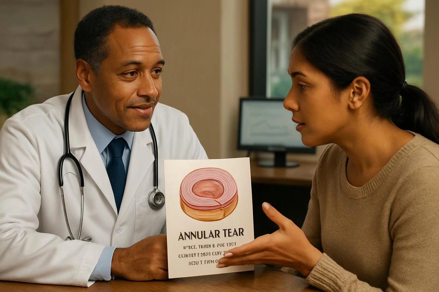 A doctor shows a woman a diagram labeled annular tear during a consultation at a desk