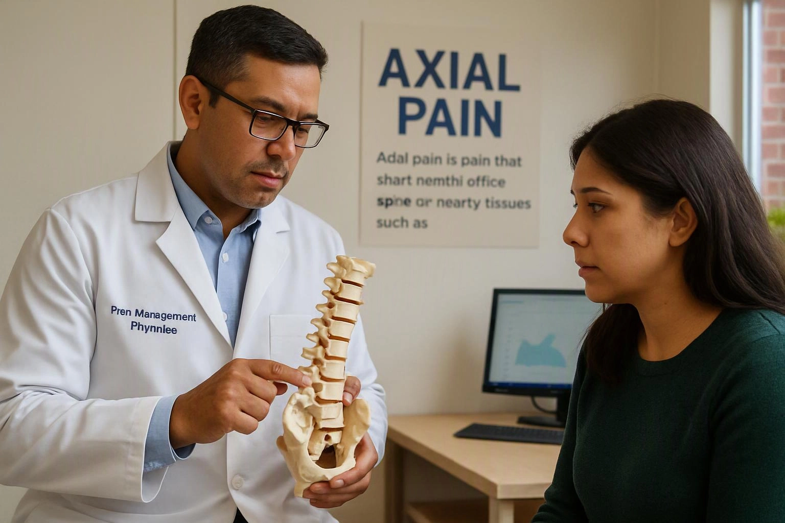 A doctor points to a spine model while talking with a woman in a medical exam room