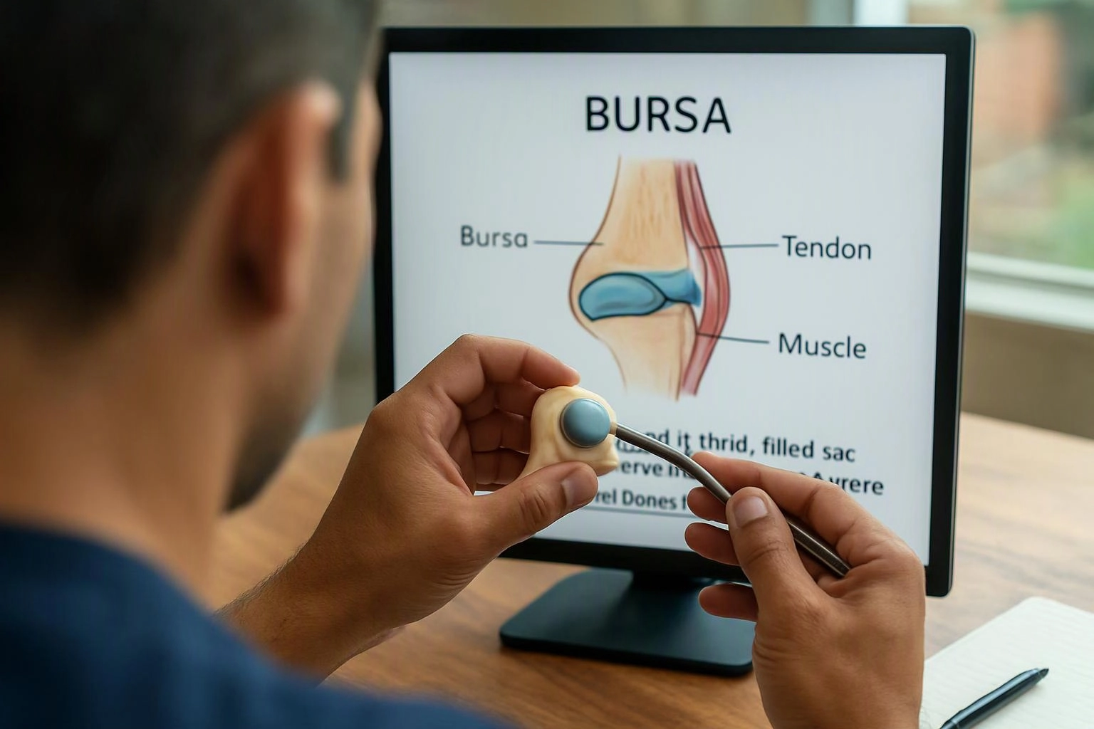 A person examines a monitor showing a bursa anatomy diagram while holding a small joint model and pointer