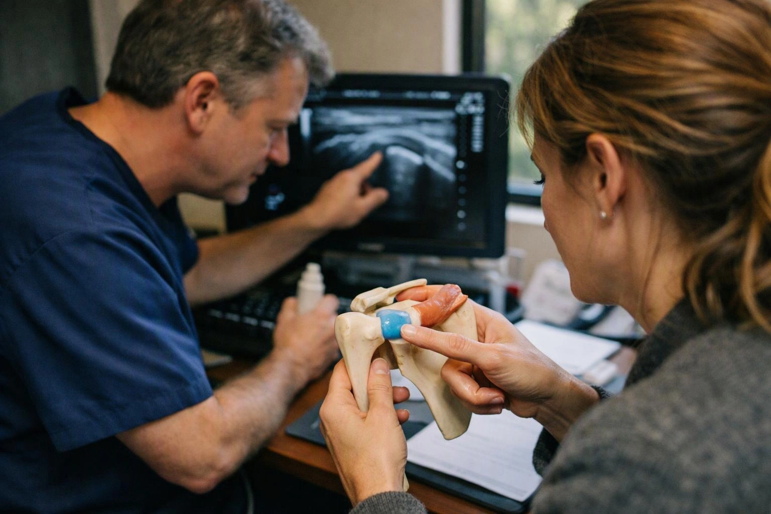 A doctor points at an ultrasound monitor while a woman studies a shoulder joint model in a clinic office
