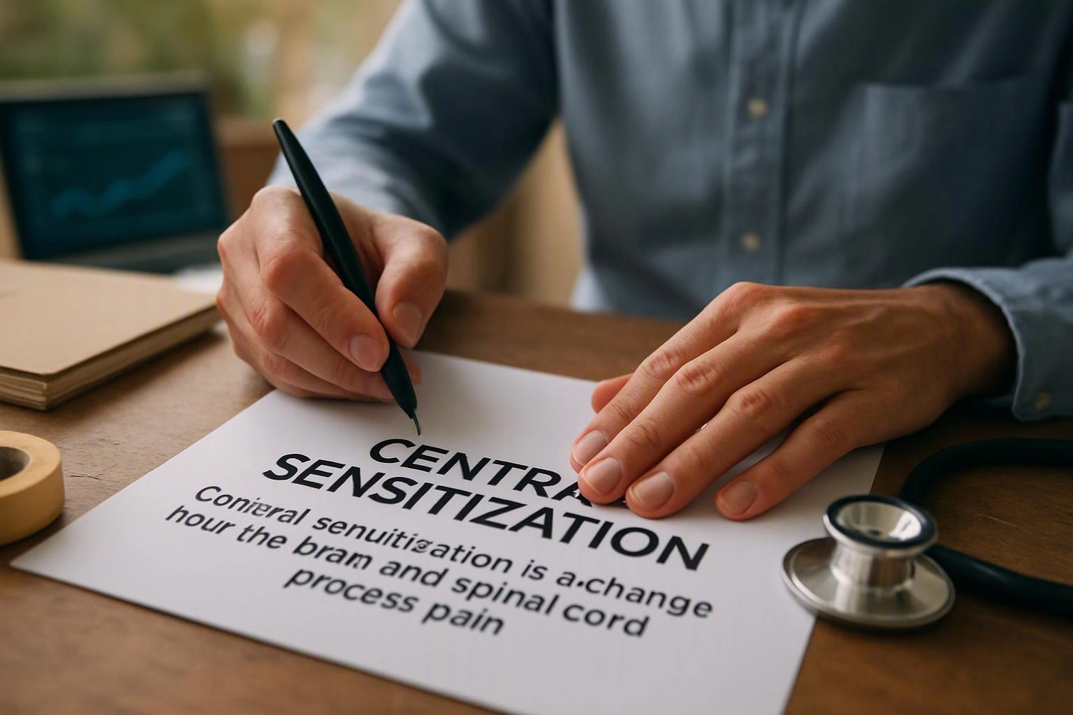 A person writes on a paper labeled “CENTRAL SENSITIZATION” beside a stethoscope on a desk