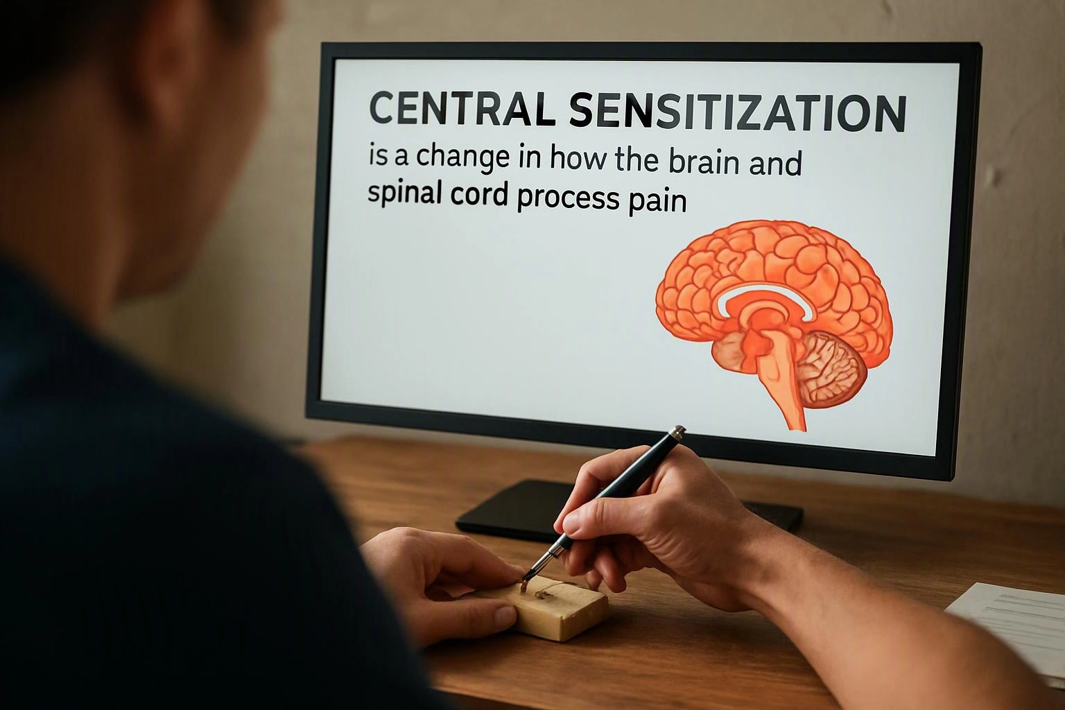 A person writes on a small wooden block beside a monitor showing a brain diagram and the text about central sensitization