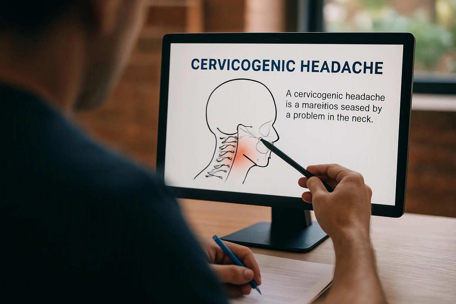 A person points at a monitor showing a neck diagram and the heading “CERVICOGENIC HEADACHE”