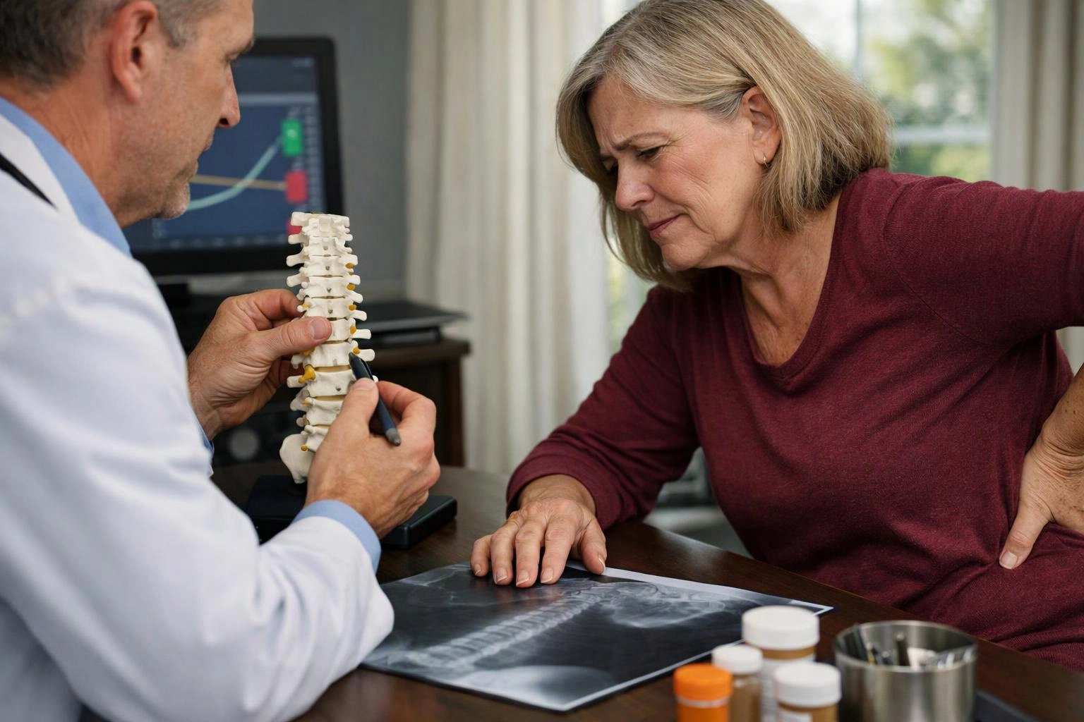 A doctor shows a spine model and X-ray to a woman leaning over a desk in an exam room