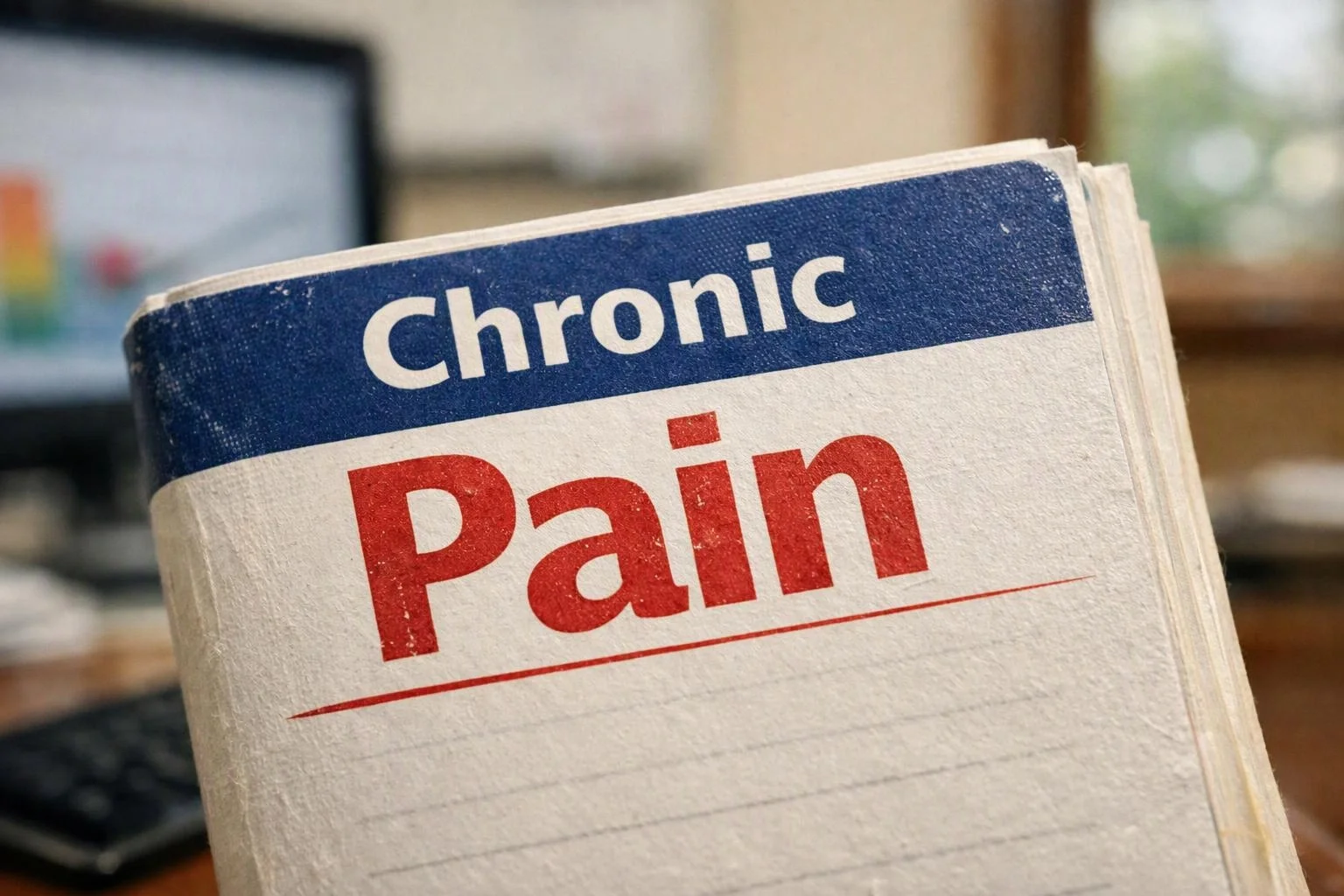 A book cover titled “Chronic Pain” fills the frame with a blurred desk and monitor behind it