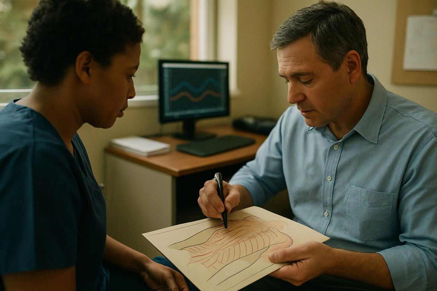 A man in a blue shirt points to a medical diagram while a nurse watches in a small office
