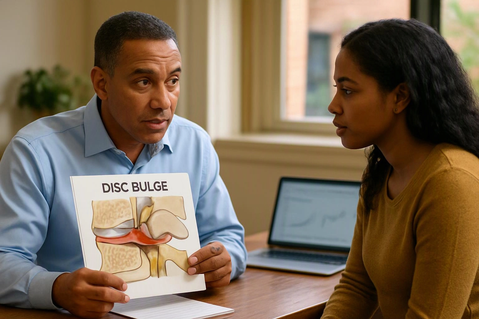 A man shows a disc bulge diagram to a woman across a desk in a bright office
