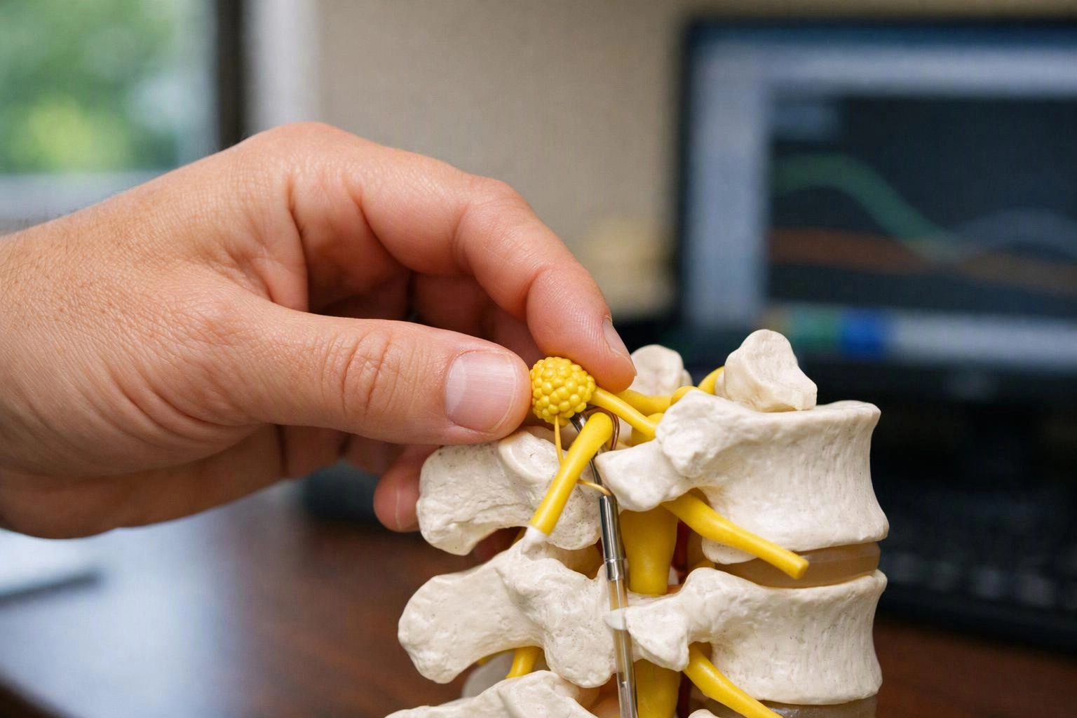 A hand holds a spine model with yellow nerves in front of a blurred computer screen