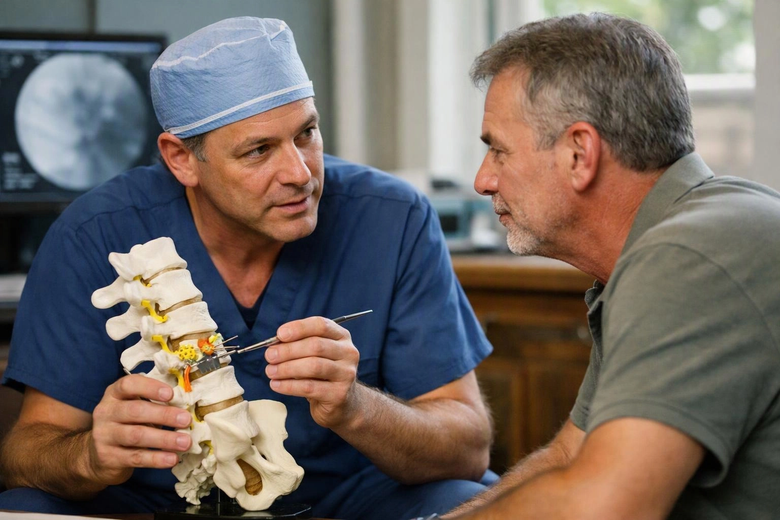 A doctor in blue scrubs shows a spine model to a seated man in a clinic room