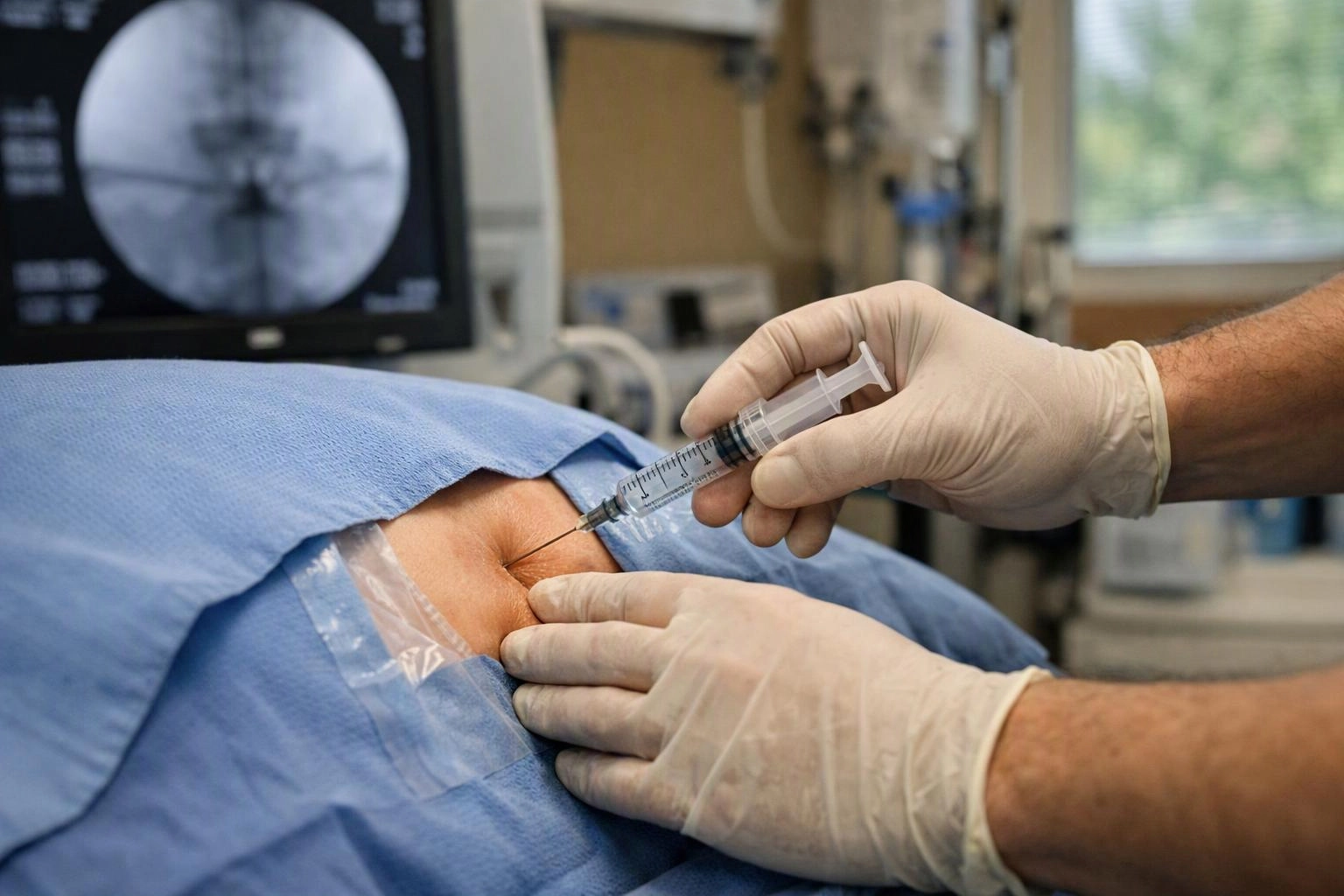 Gloved hands inject a syringe into a patient’s lower back in a medical procedure room