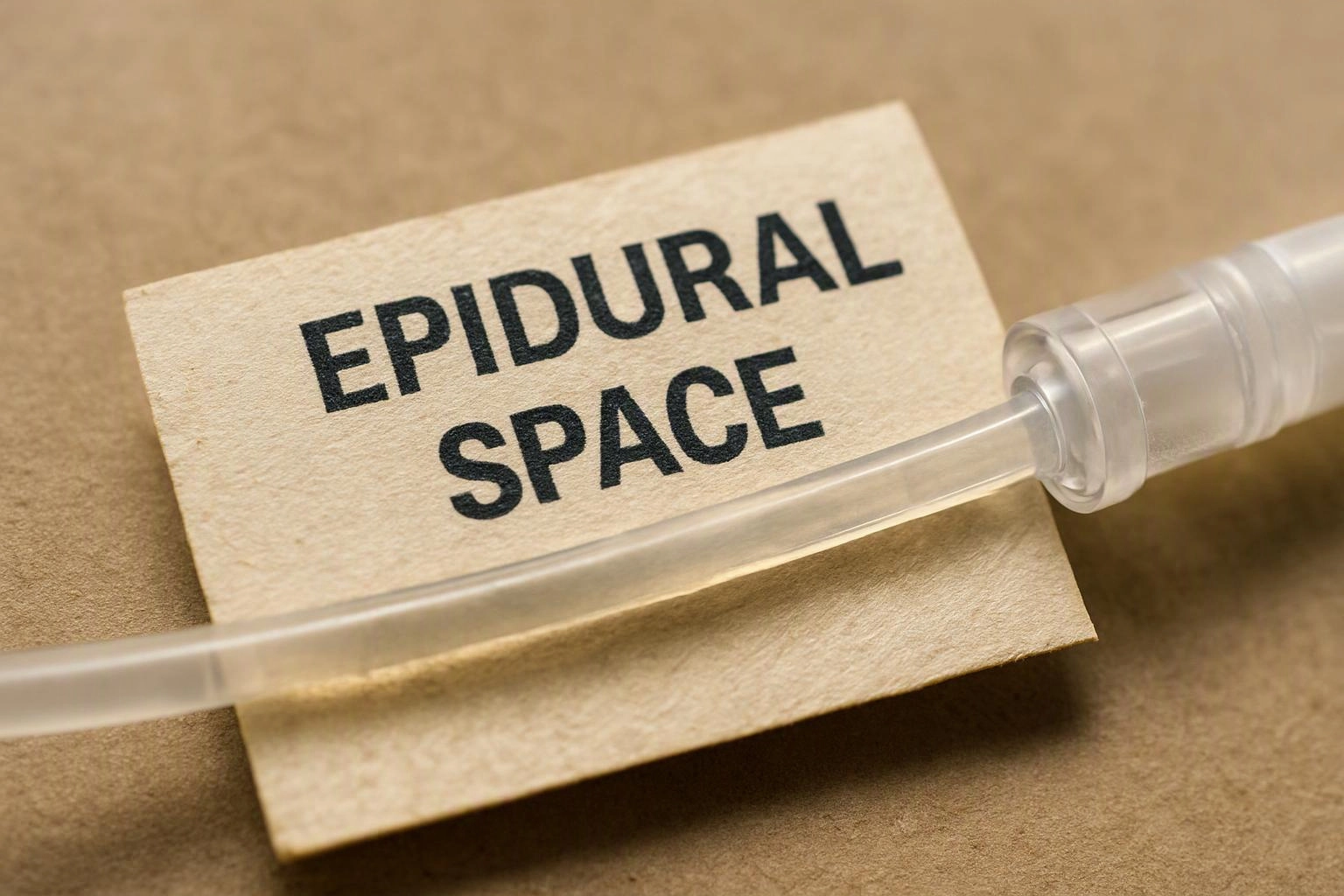 A clear tube and syringe rest across a card labeled “EPIDURAL SPACE” on a tan surface