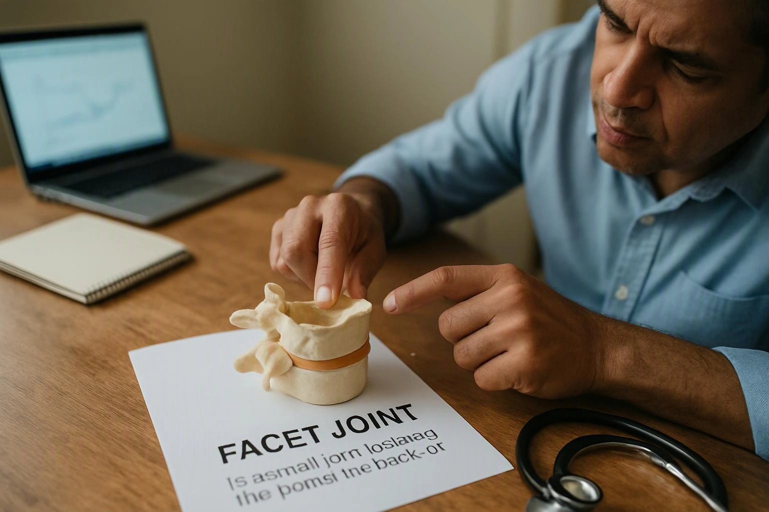 A man points at a small spine model on a desk beside a laptop and notebook, with a page labeled "FACET JOINT"