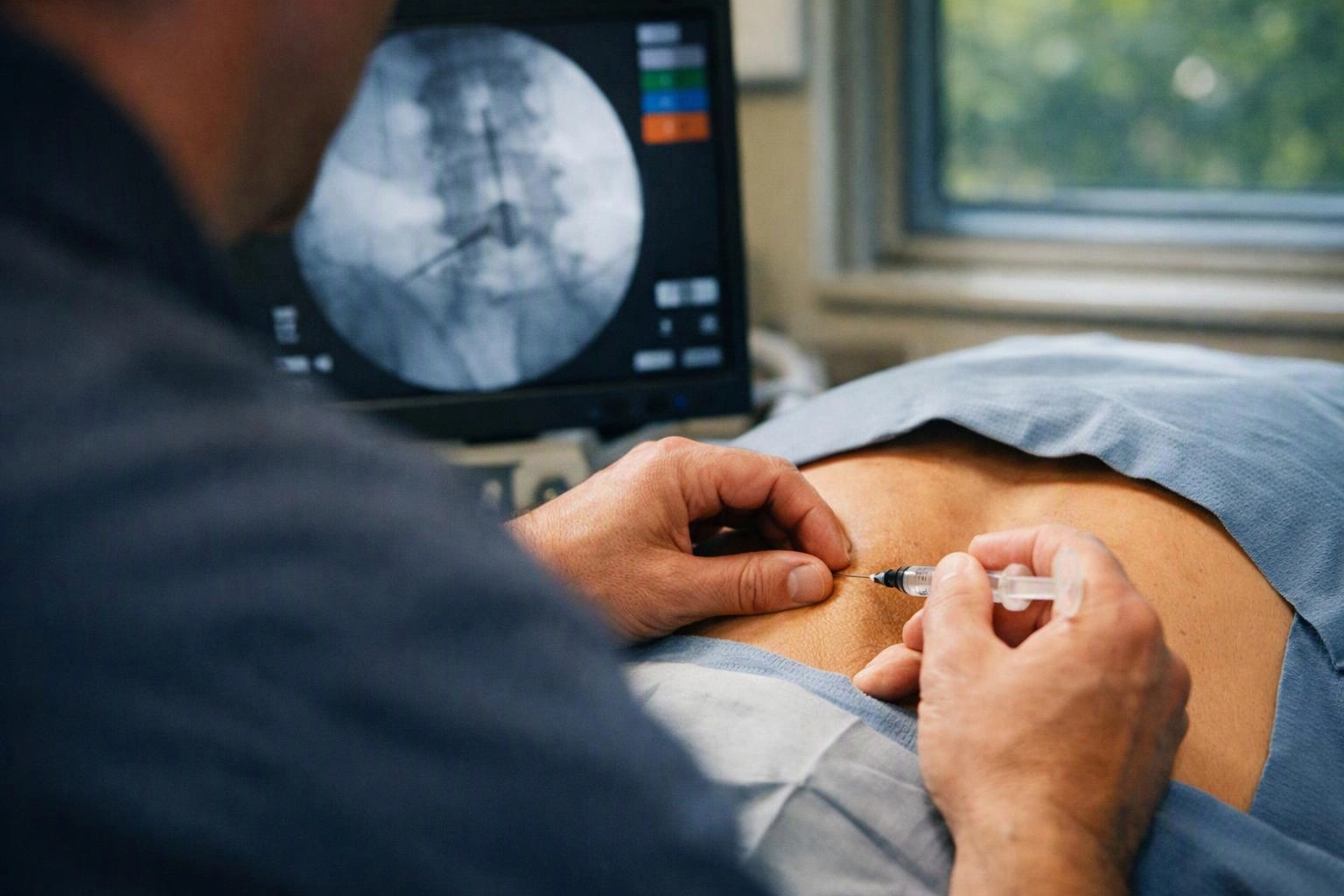 A clinician injects a patient’s lower back beside a monitor showing a spine X-ray