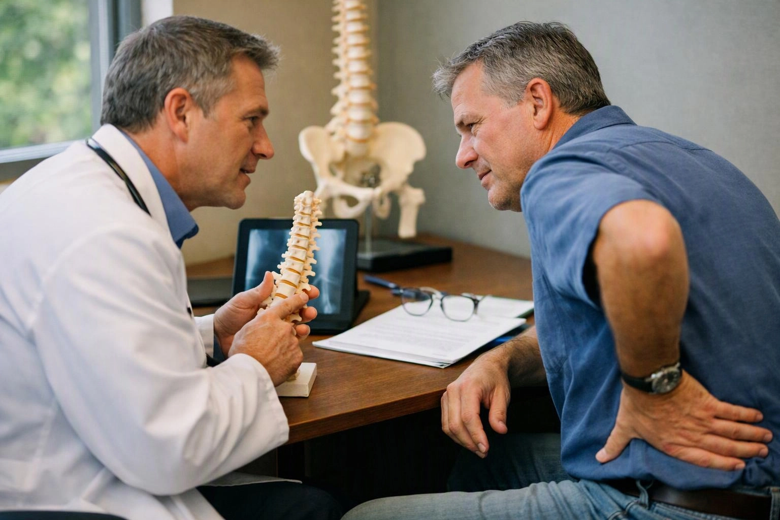 A doctor shows a spine model to a man holding his lower back in a medical office