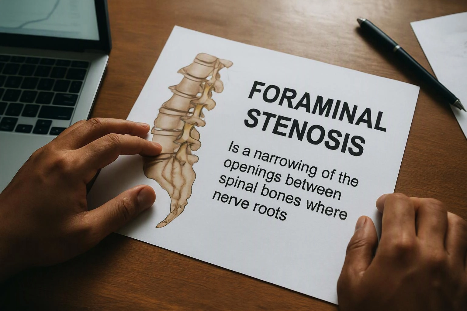 Hands hold a paper showing a spine illustration and the words "FORAMINAL STENOSIS" on a wooden desk