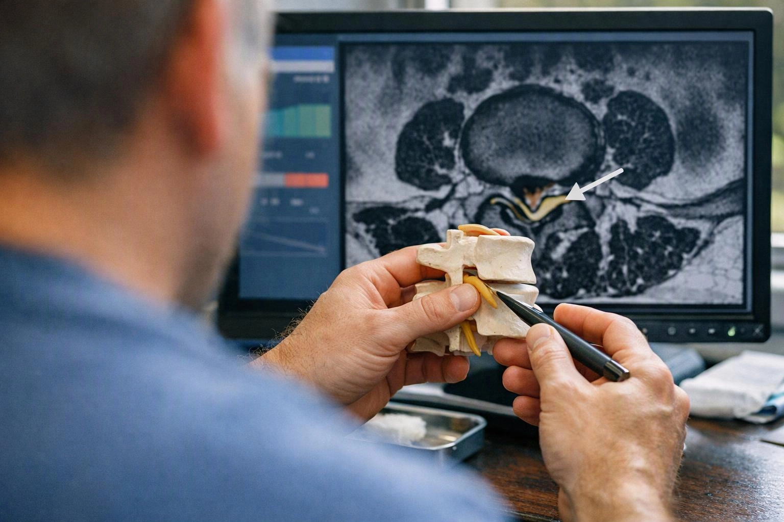 A person studies a spine model and points at an MRI scan on a desk monitor