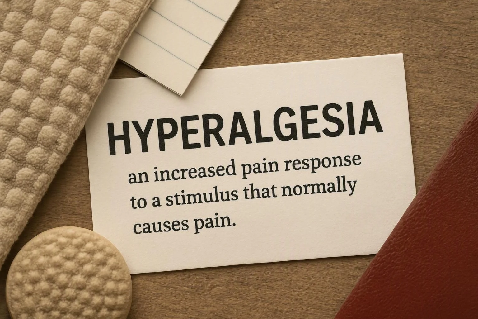A card on a wooden table reads “HYPERALGESIA” with a definition, surrounded by fabric swatches and a paper tab