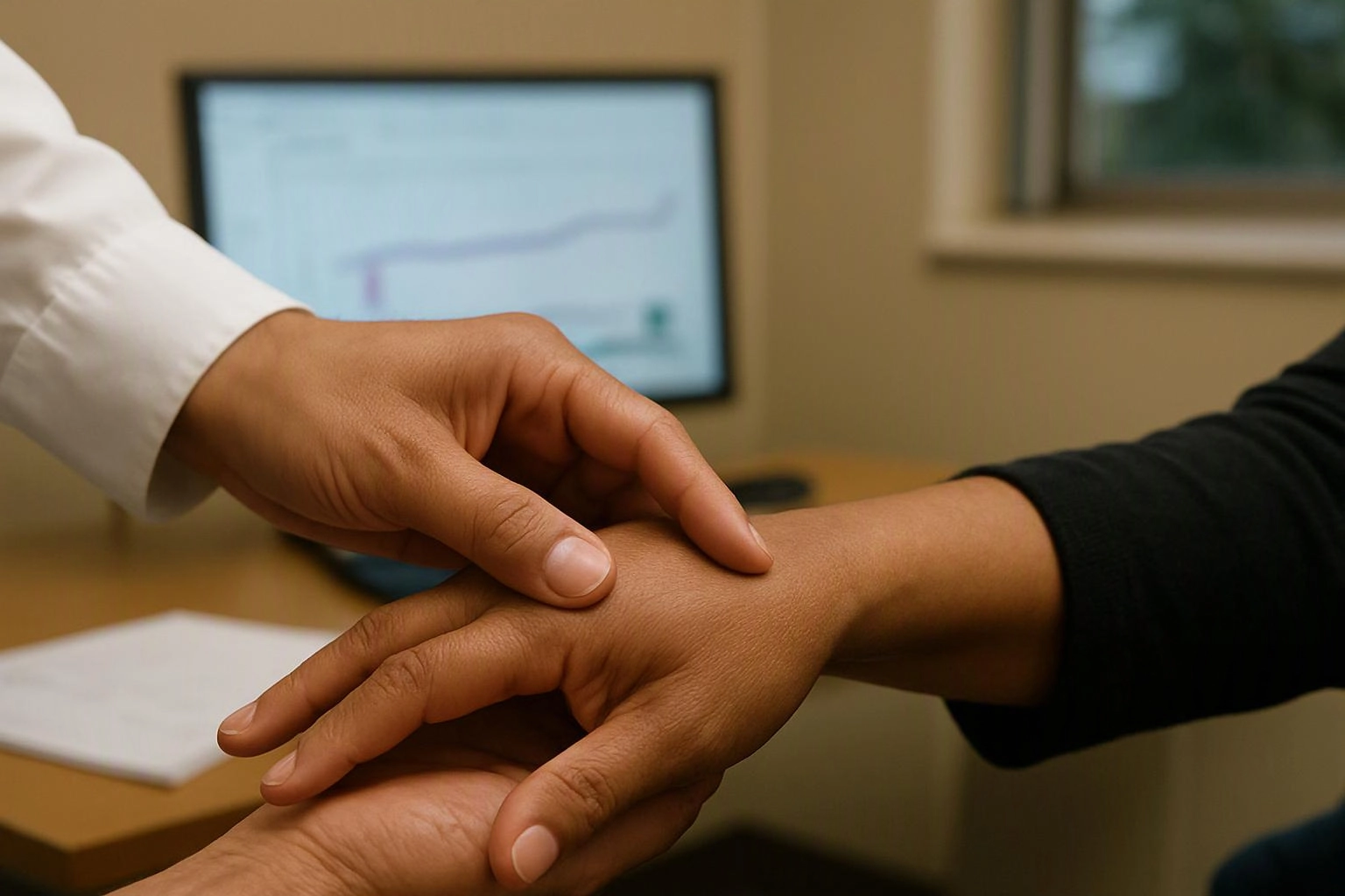 A doctor gently checks a patient’s wrist beside a blurred computer screen in a clinic room