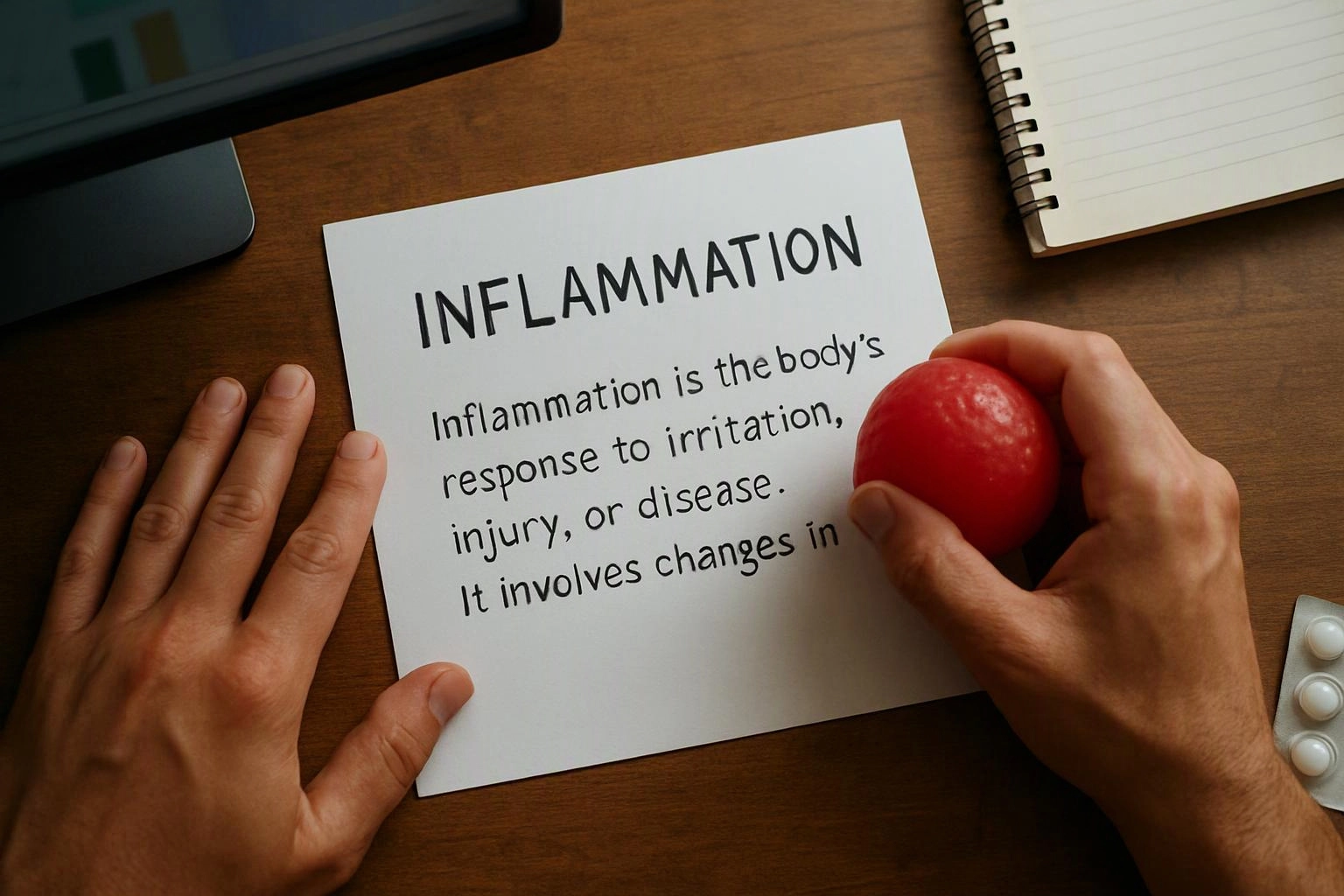 Hands hold a red ball over a paper titled “INFLAMMATION” on a wooden desk