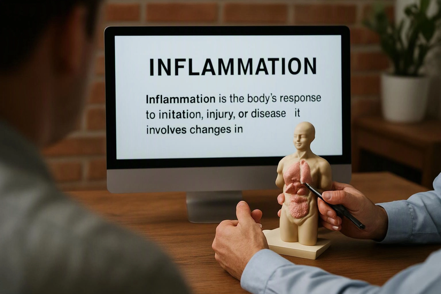 A person points at a torso model while a monitor shows the word “INFLAMMATION” and a definition text
