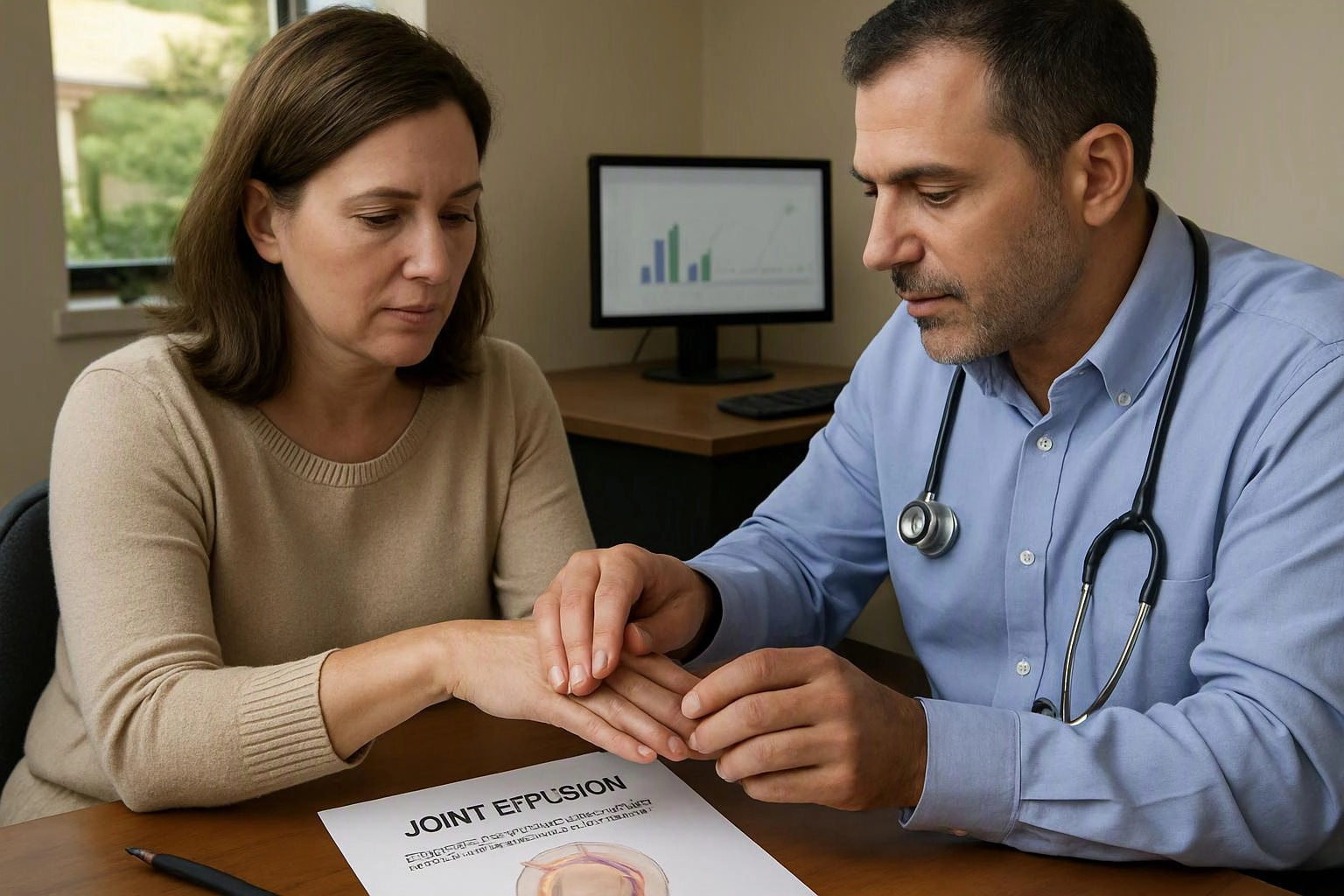 A doctor examines a woman’s hand beside a paper labeled “JOINT EFFUSION” in a clinic office