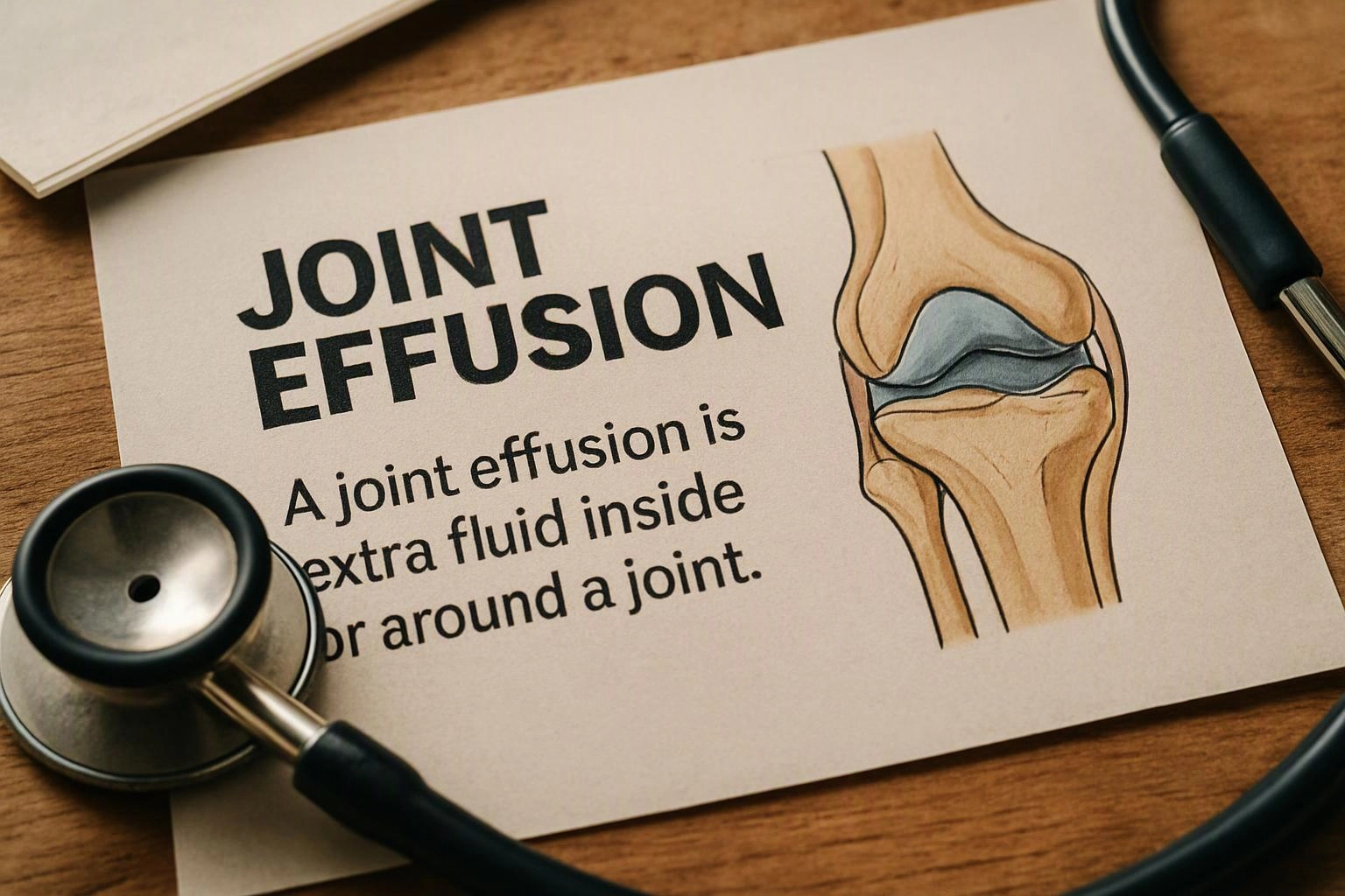 A medical handout about joint effusion lies on a wooden table with a stethoscope and knee diagram