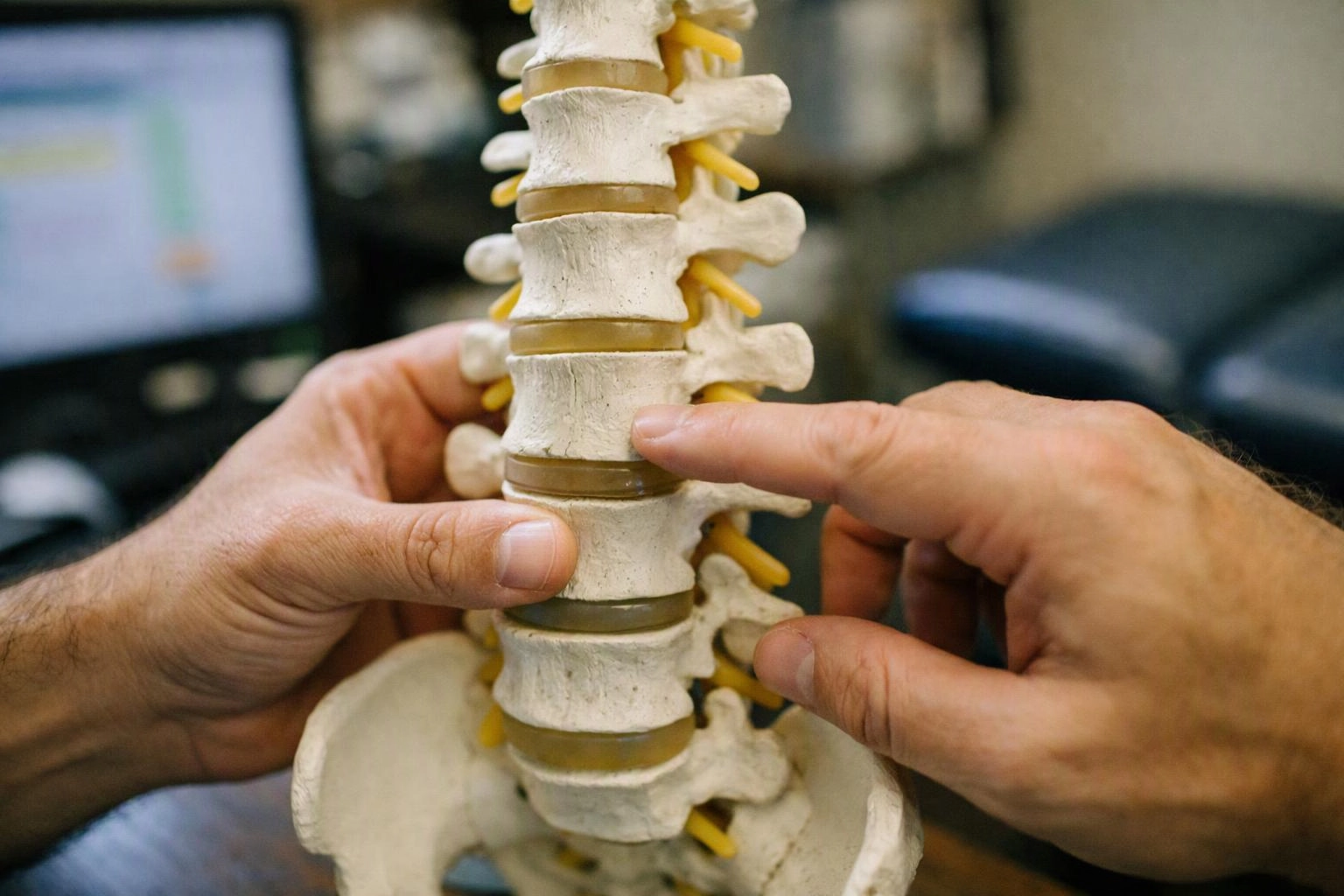 Hands point to a model spine in a clinic setting
