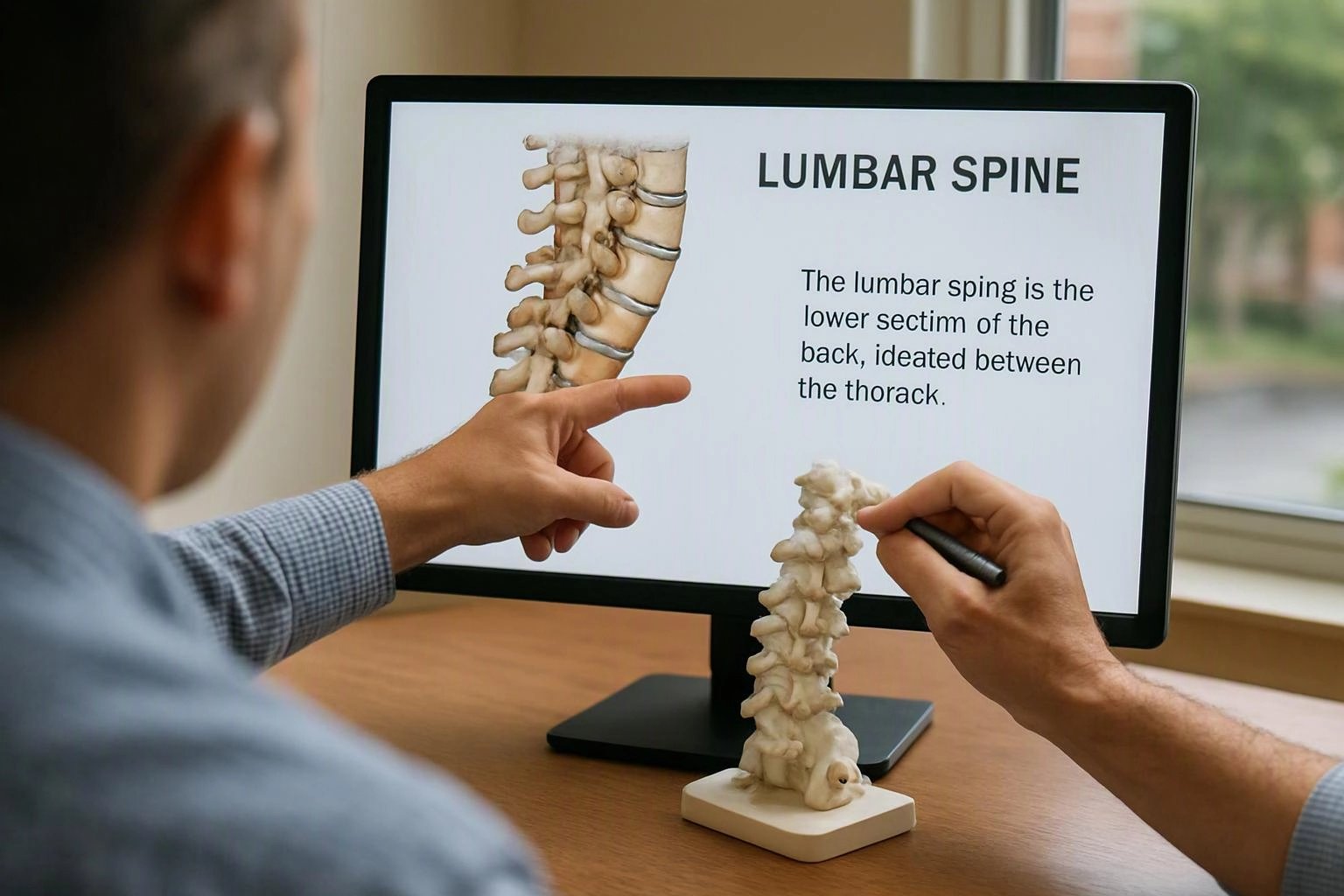 Two people examine a lumbar spine model beside a monitor showing a spine diagram and text