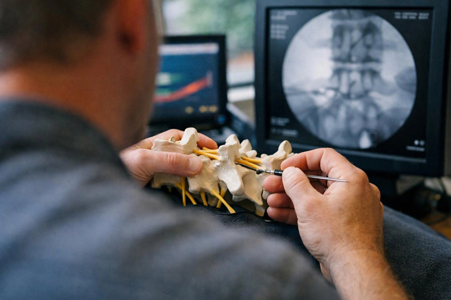 A person examines a spine model with a small tool while medical scans glow on nearby monitors