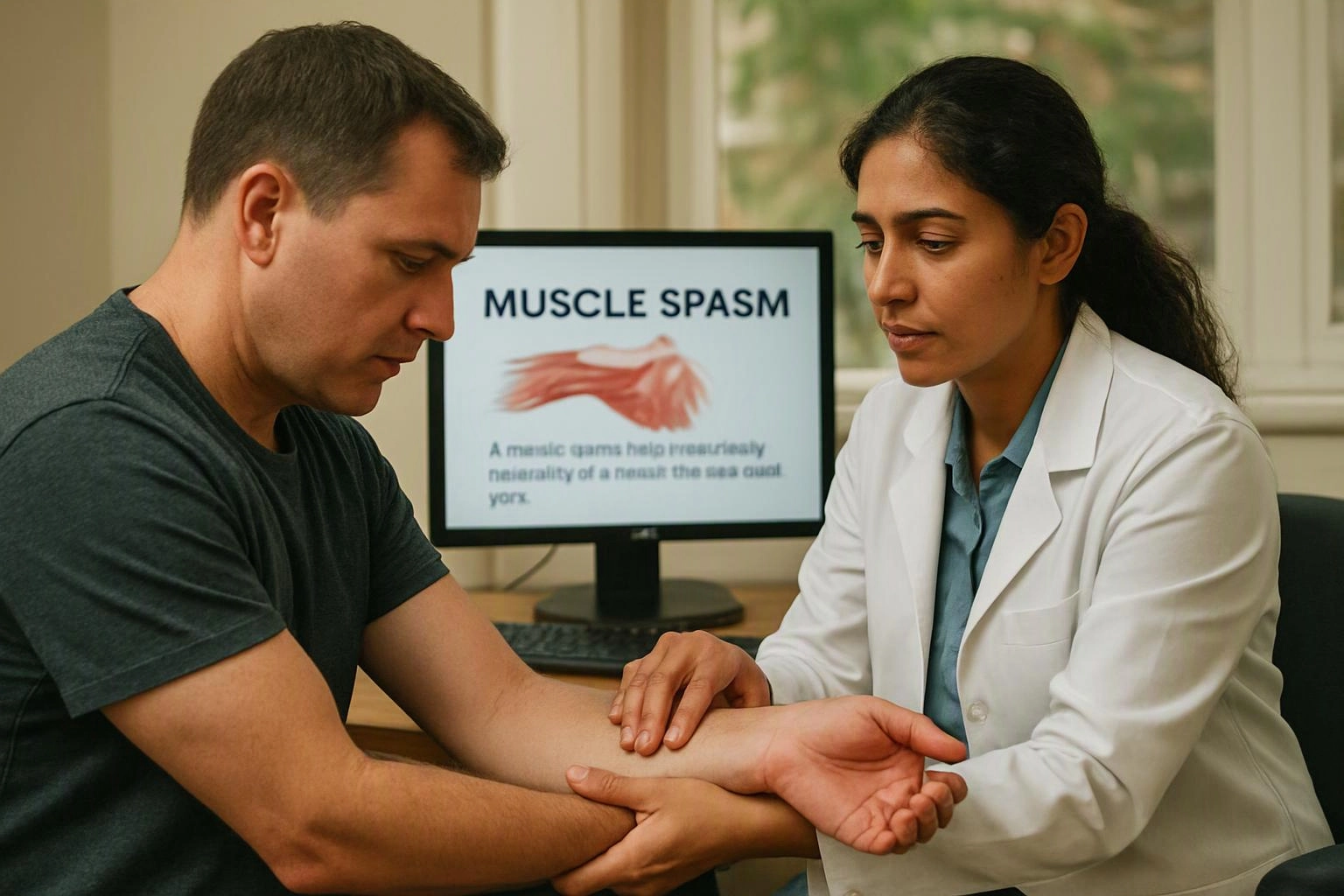 A doctor examines a man's forearm while a computer screen behind them shows "MUSCLE SPASM" and a muscle graphic