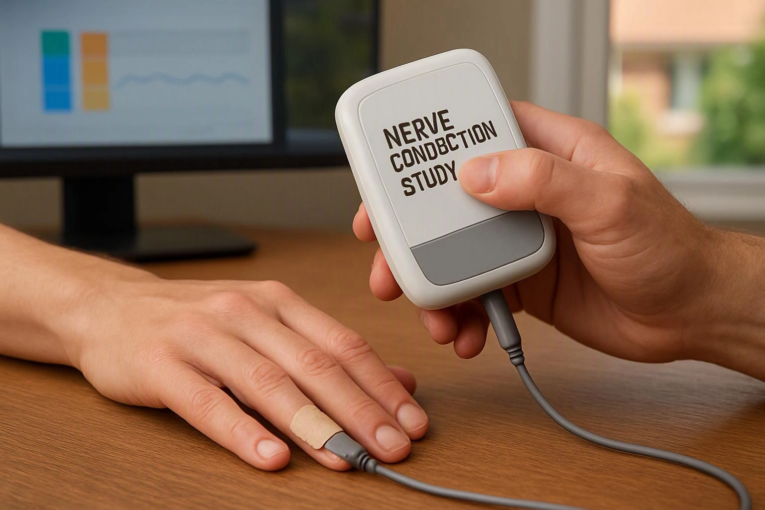 A hand holds a nerve conduction study device beside a patient’s finger on a desk