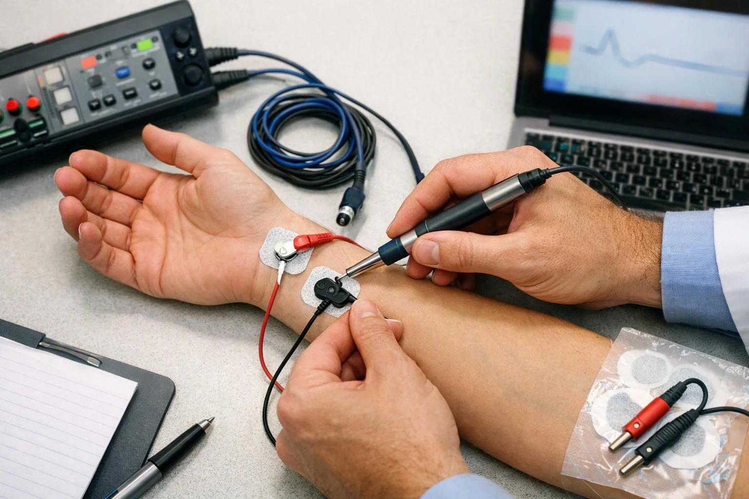 A clinician attaches monitoring electrodes to a patient’s forearm beside a laptop and testing device on a desk