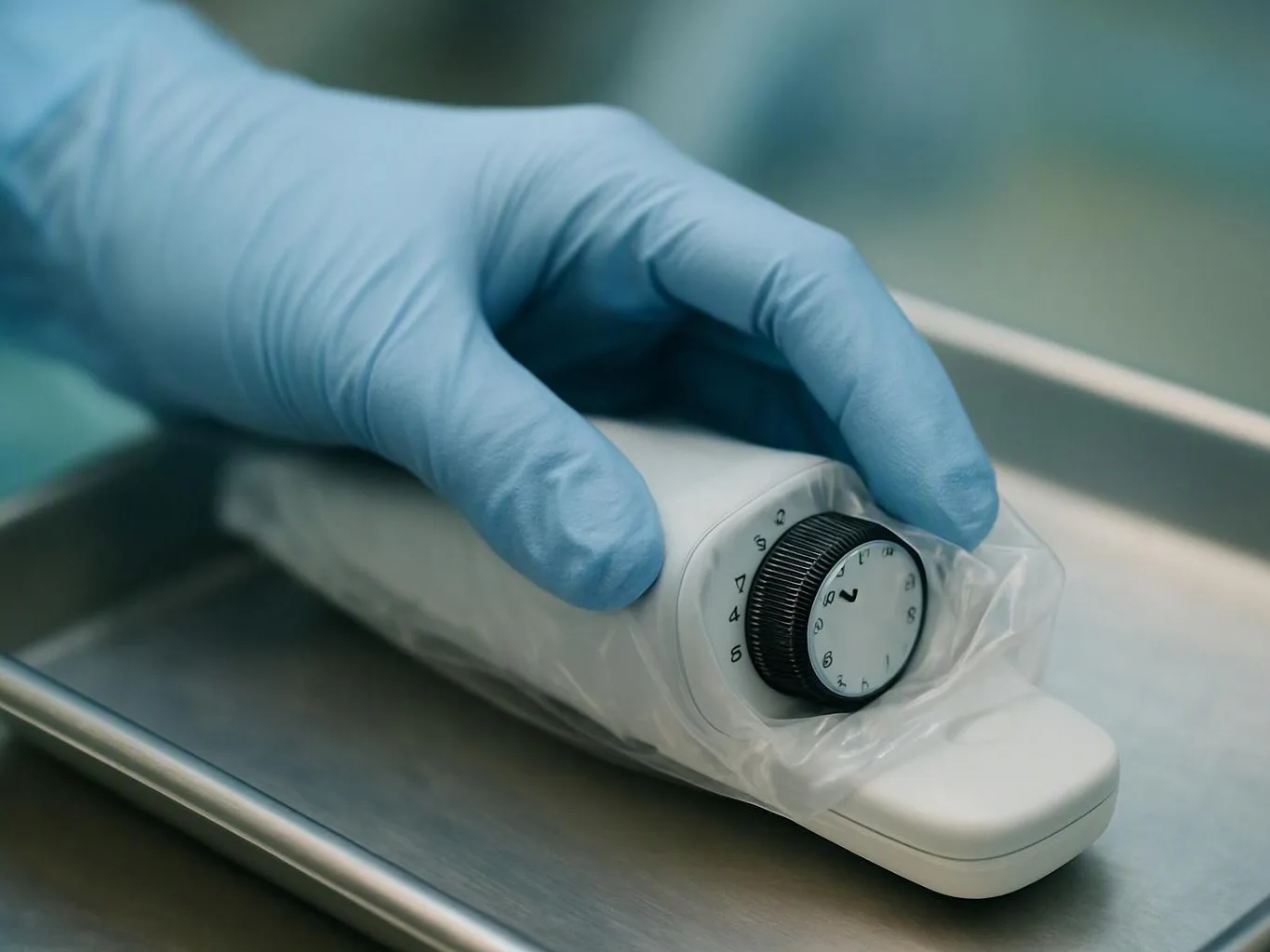 A gloved hand adjusts a white dial device wrapped in plastic on a metal tray
