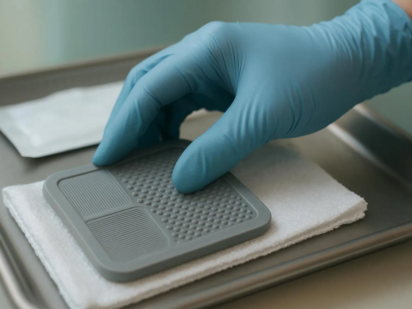 A gloved hand lifts a gray textured pad from a white towel on a metal tray