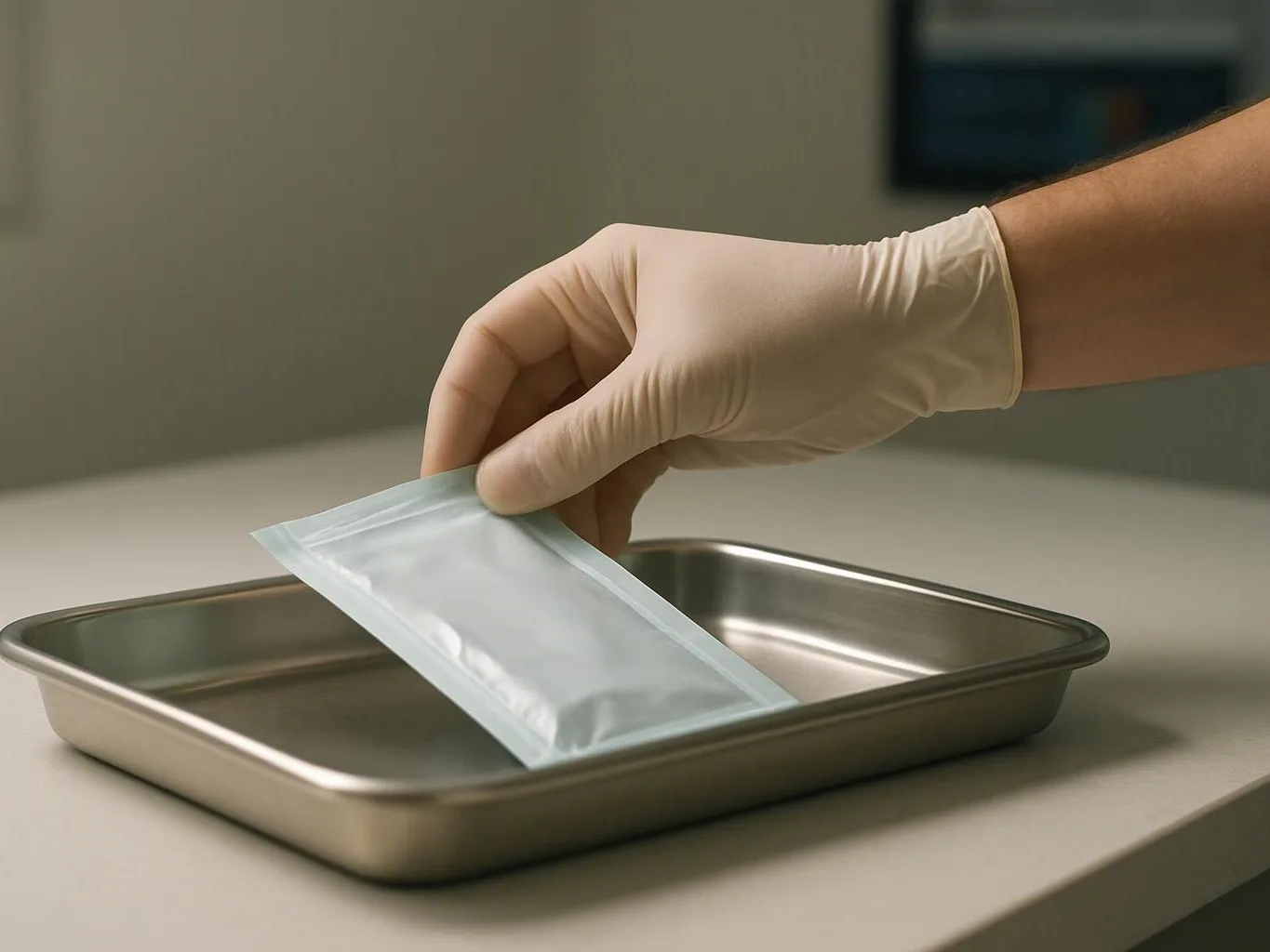 A gloved hand places a sealed packet into a stainless steel tray on a counter