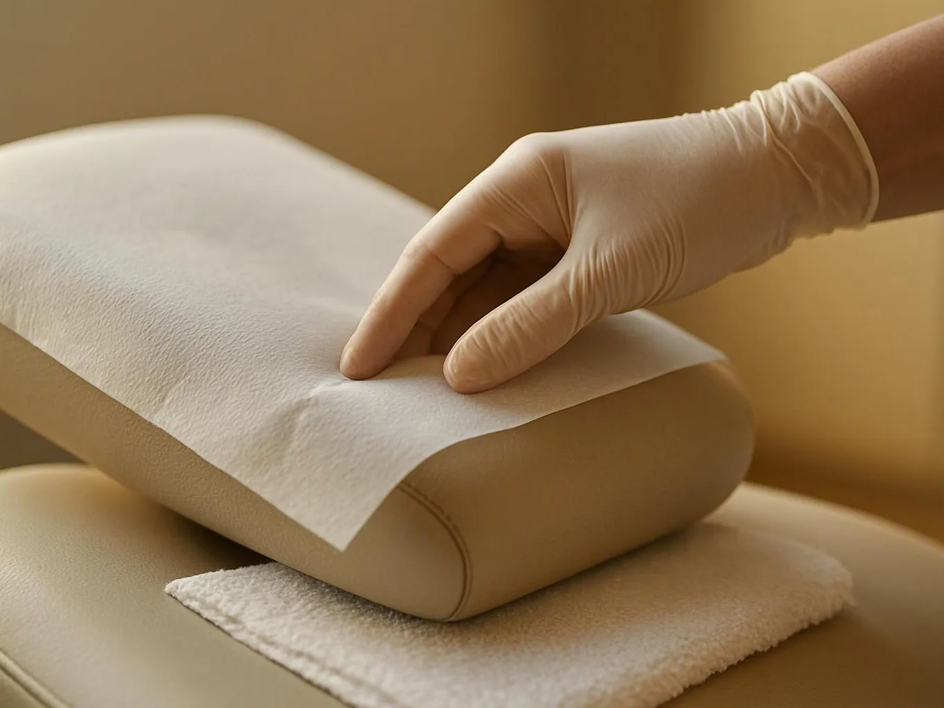 A gloved hand presses white paper onto a padded beige cushion in warm light