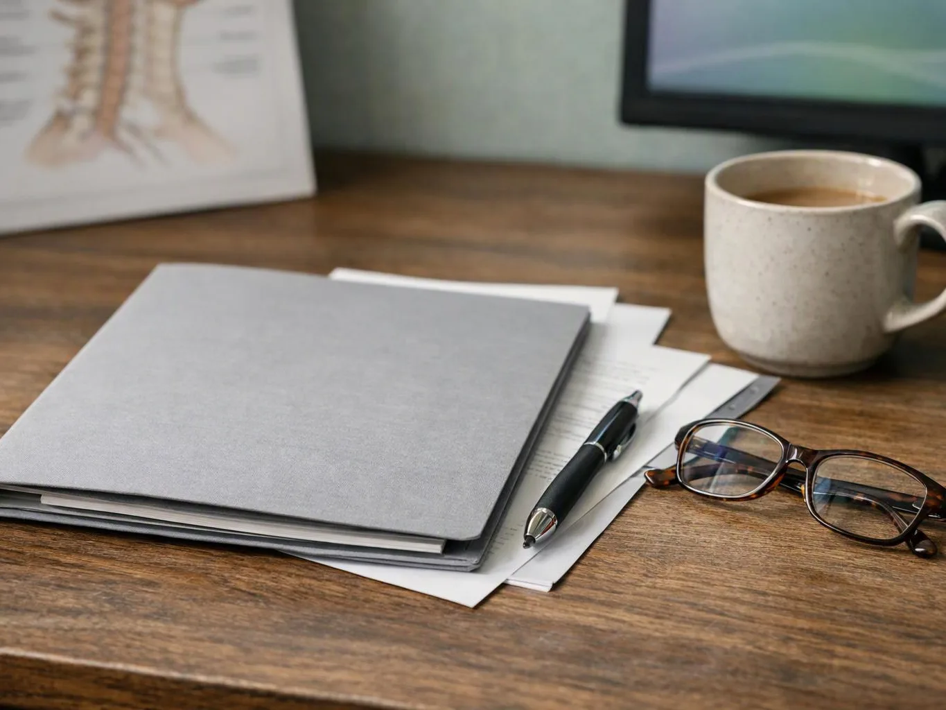 A gray folder, pen, eyeglasses, and coffee mug rest on a wooden desk with papers underneath