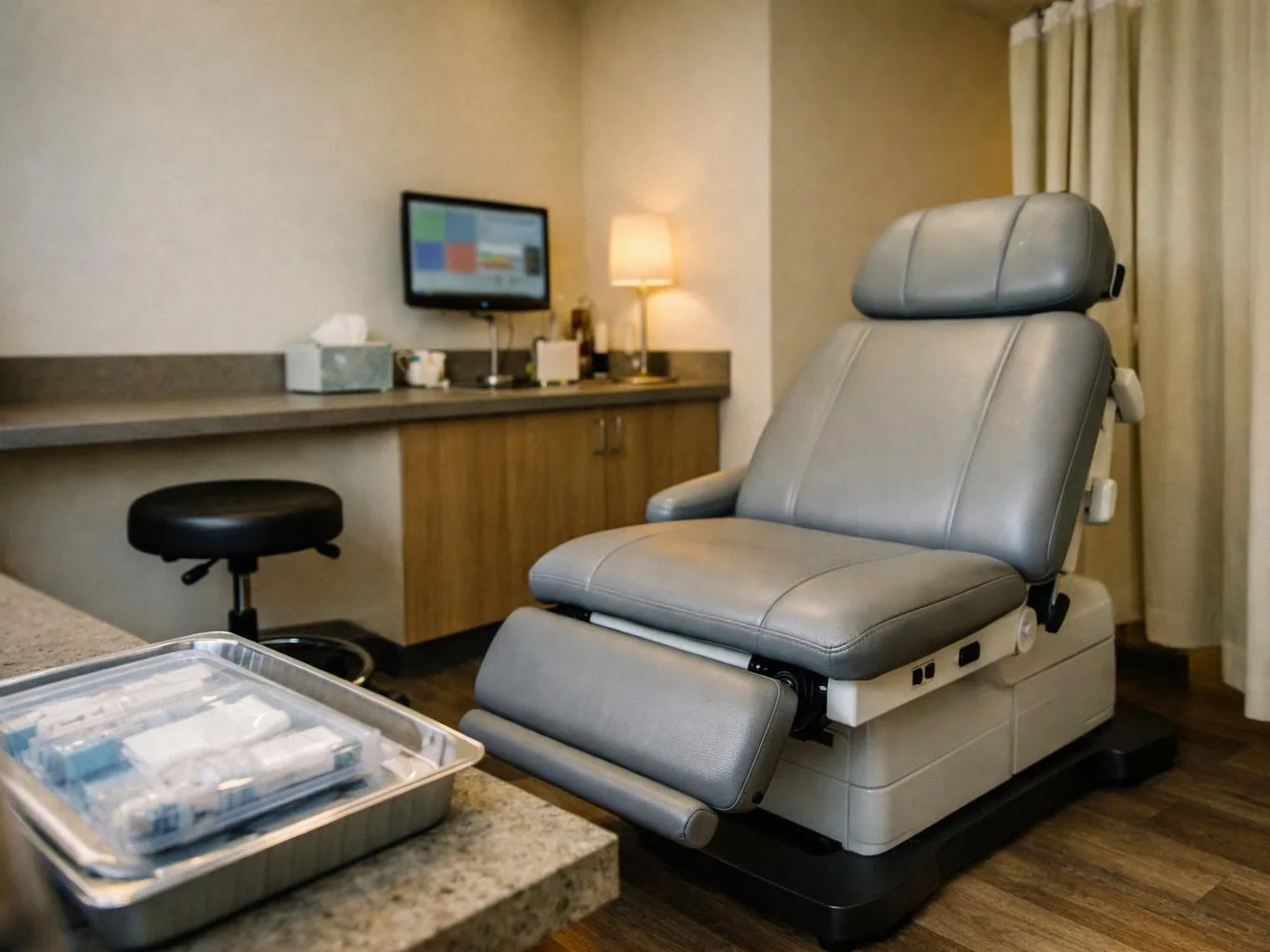 A gray medical exam chair sits beside a counter with supplies, a monitor, and a glowing lamp in a quiet room