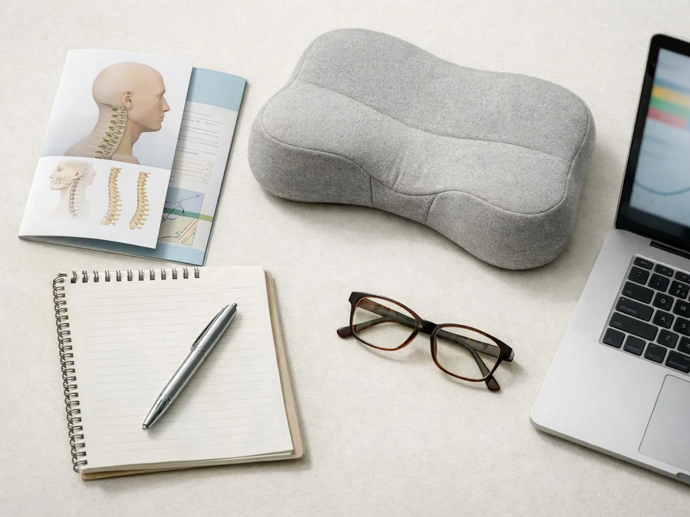 A gray neck pillow, anatomy booklet, notebook with pen, glasses, and laptop sit on a light desk