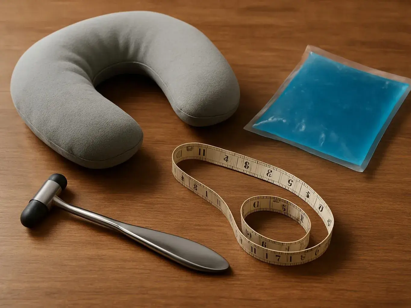A gray neck pillow, cold pack, measuring tape, and reflex hammer rest on a wooden table