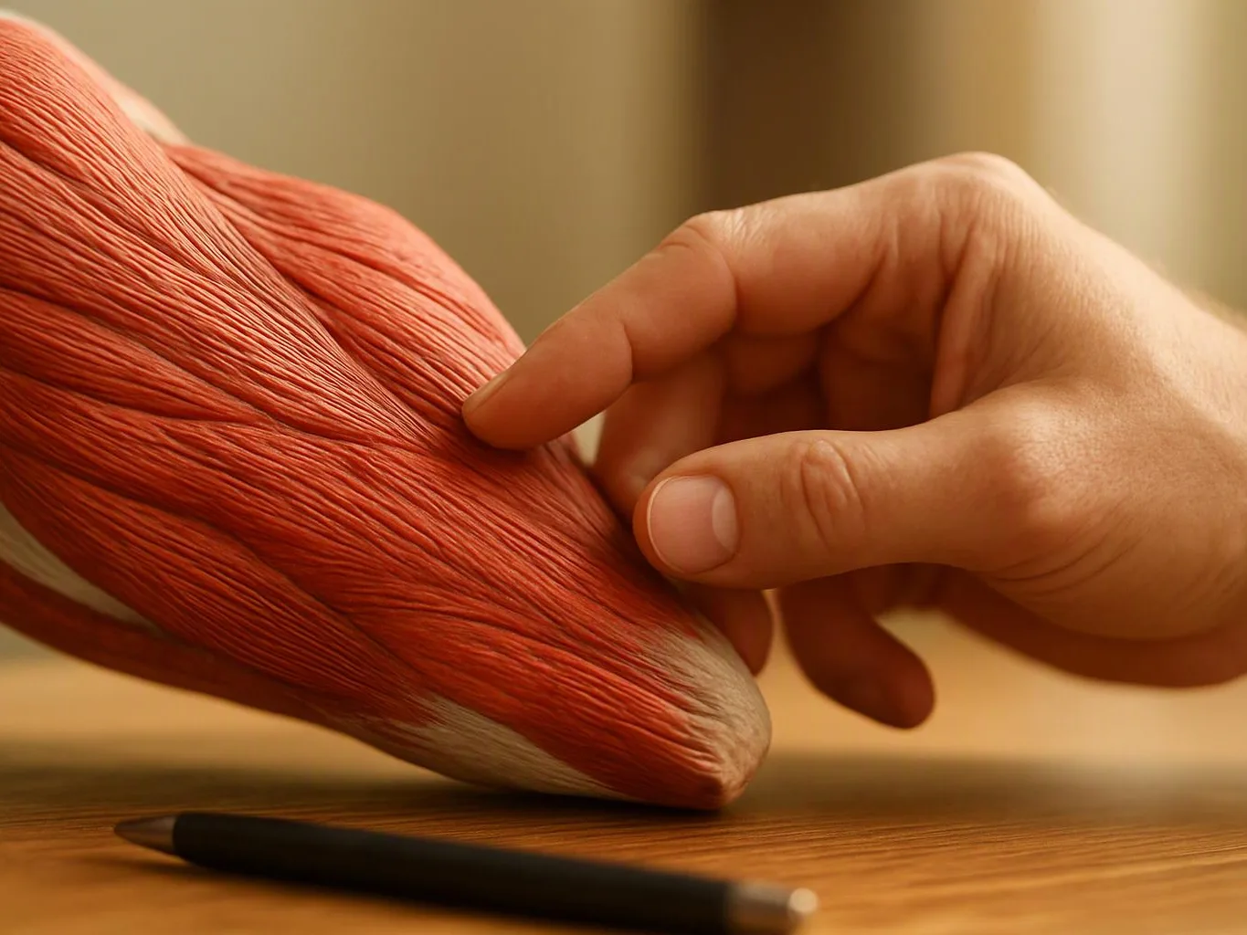 A hand gently touches a red muscle model on a wooden table with a pen below