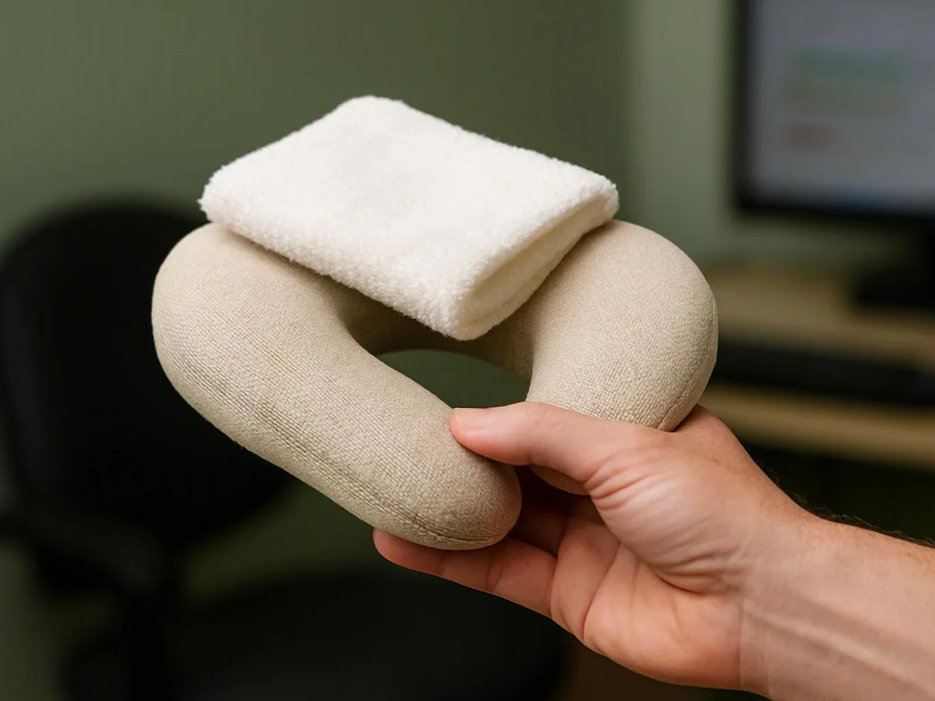 A hand holds a beige U-shaped neck pillow with a folded white towel on top